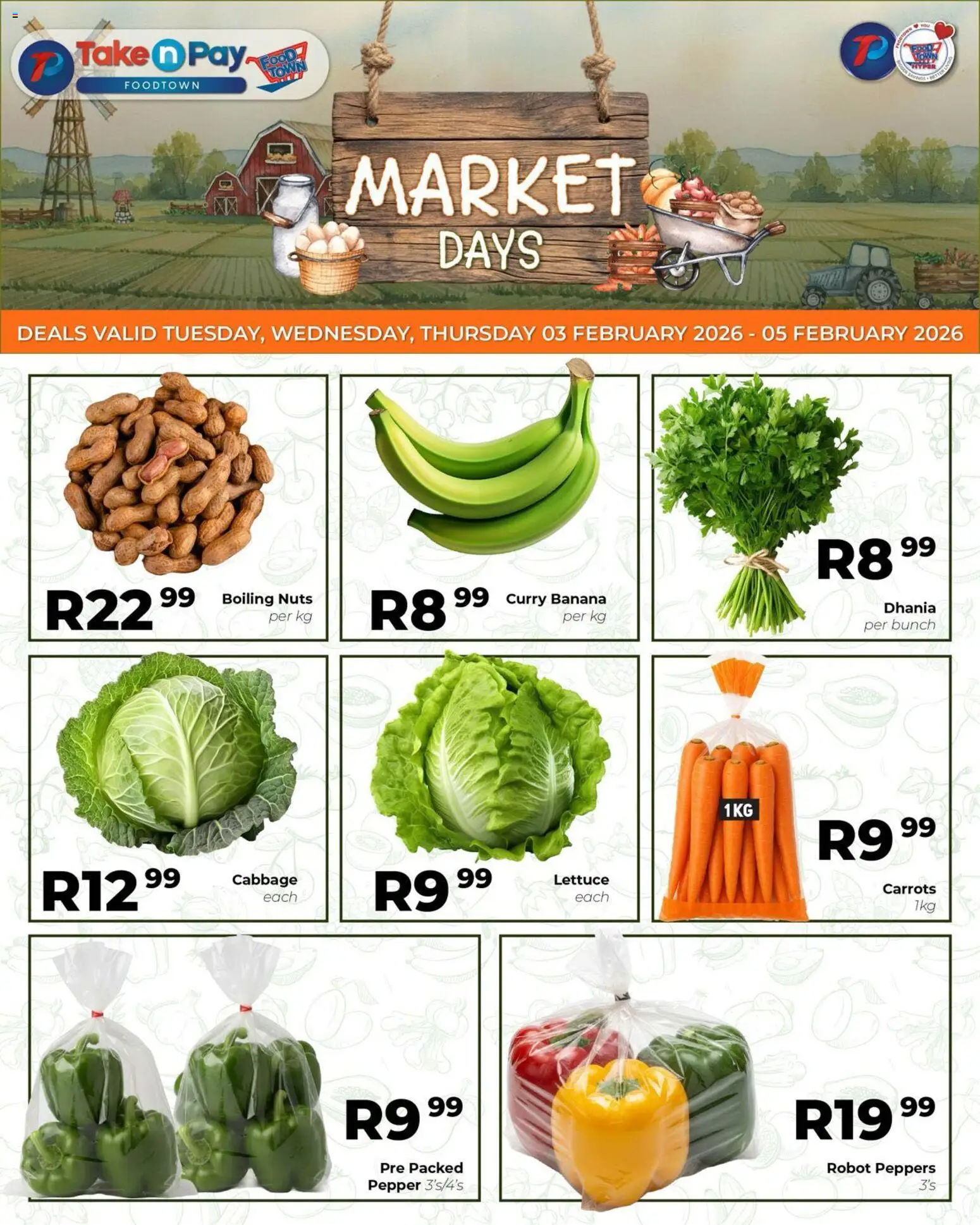 New Take n Pay catalogue – valid from 03.02.2026 | Page: 1 | Products: Carrots, Nuts, Pepper, Lettuce