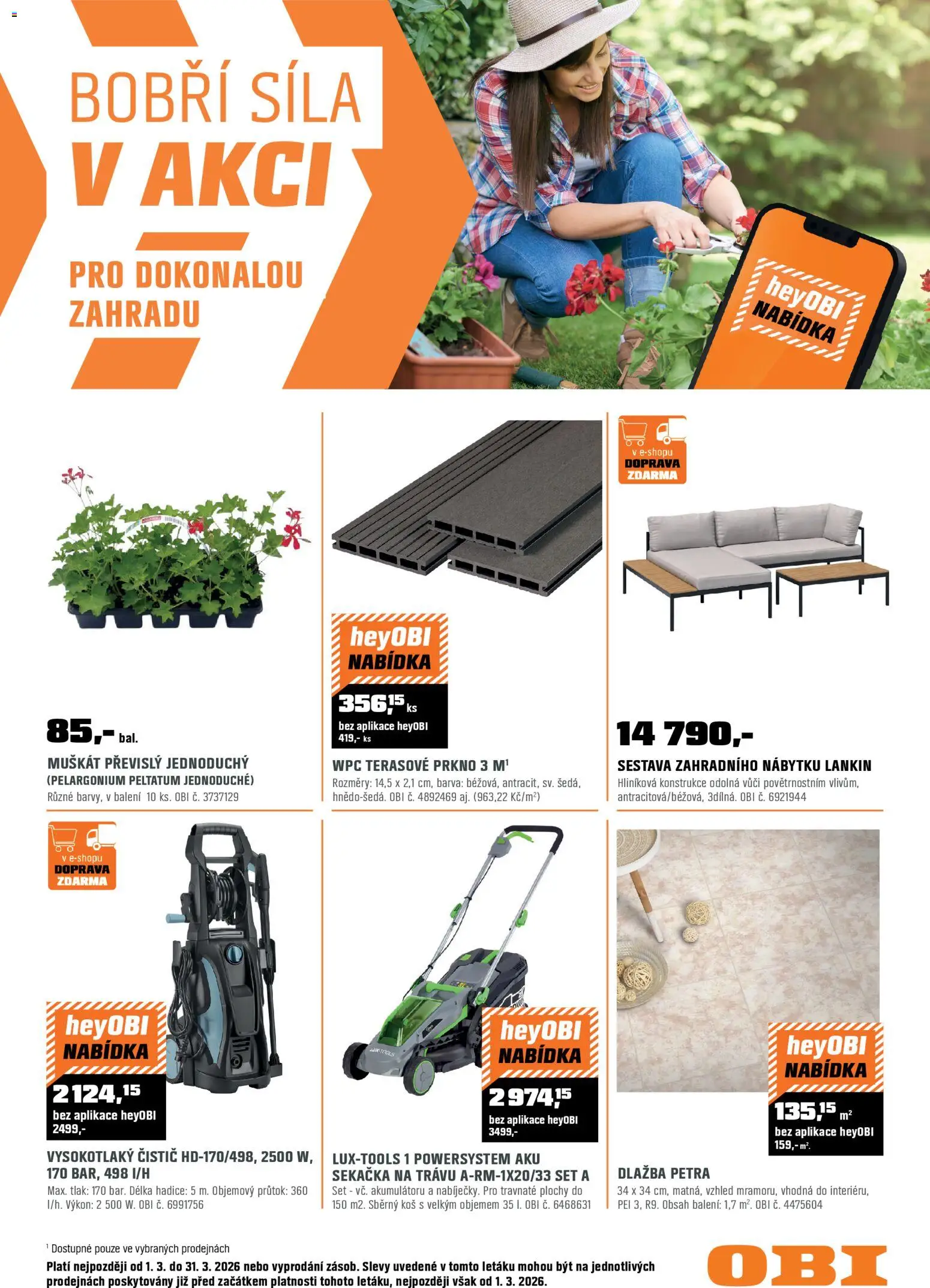 OBI leták od 01.03.2026 | Strana: 1 | Produkty: Hadice, Sekačka, Vysokotlaký čistič, Koš