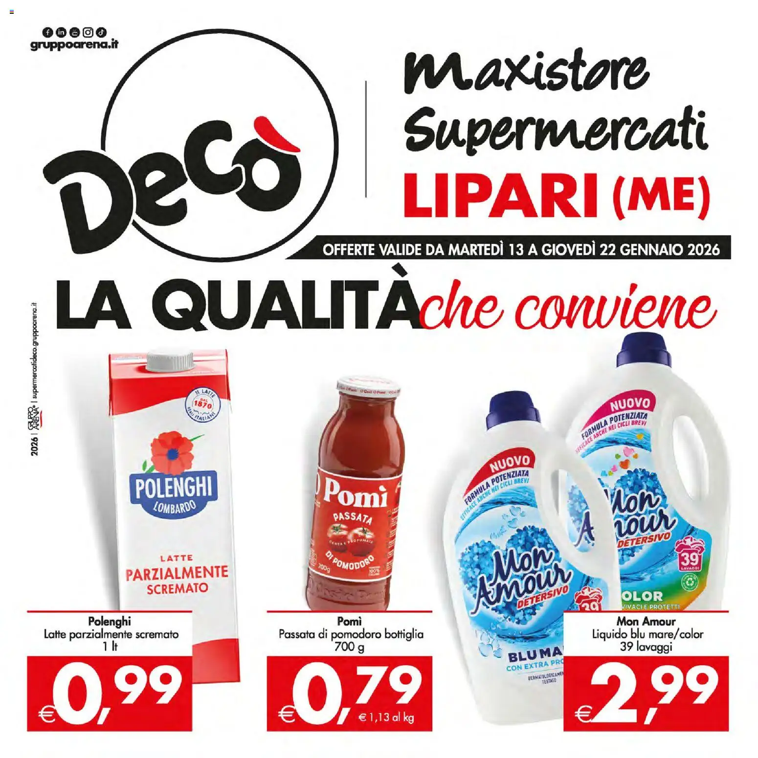 Volantino Decò del 13.01.2026 | Pagina: 1 | Prodotti: Pomodoro, Latte, Latte parzialmente scremato, Bottiglia