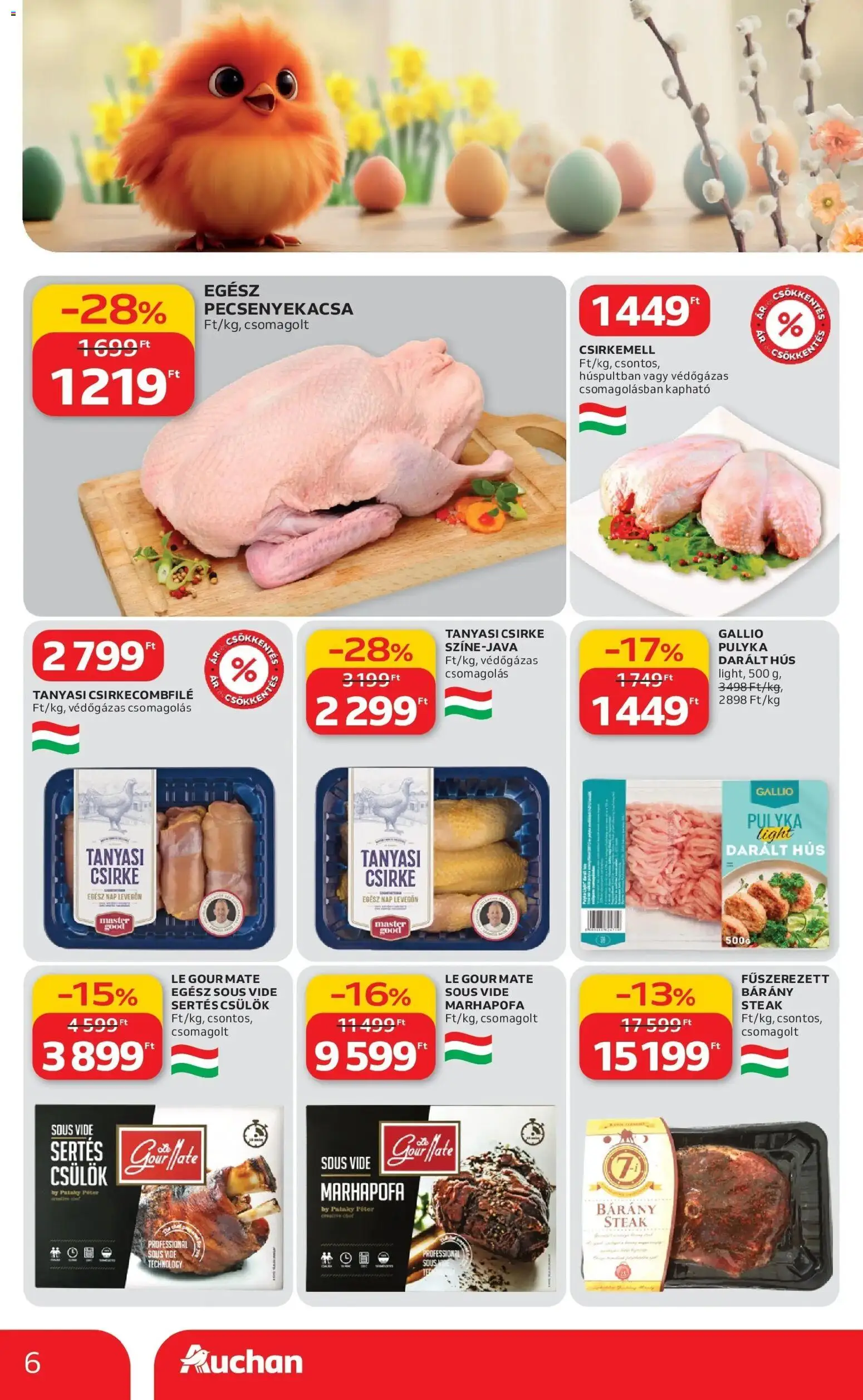 Auchan akciós ujság - amely érvényes a következő dátumtól: 12.03.2026 | Oldal: 6 | Termékek: Darált hús, Csirkecombfile, Pecsenyekacsa, Tanyasi csirke
