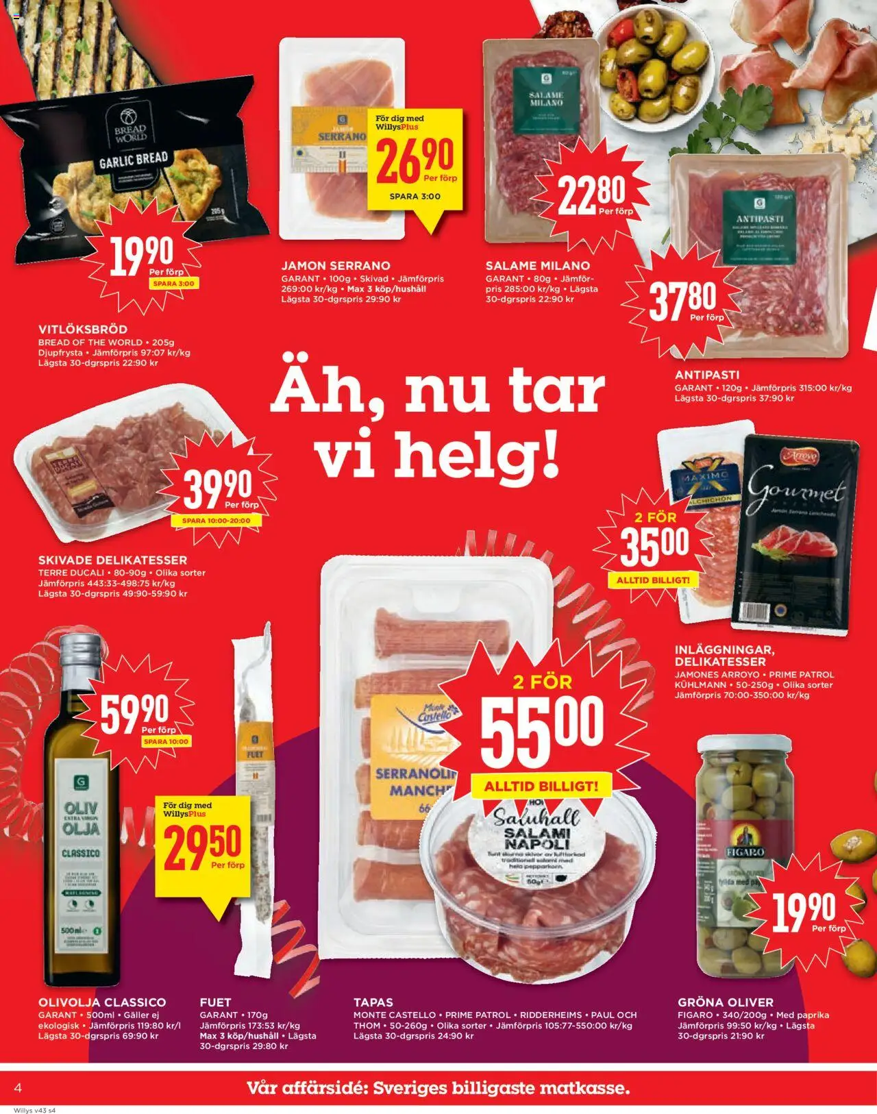 Willys reklamblad aktuell från 20.10.2025 | Sida: 4 | Produkter: Oliver, Galler, Olivolja, Salami