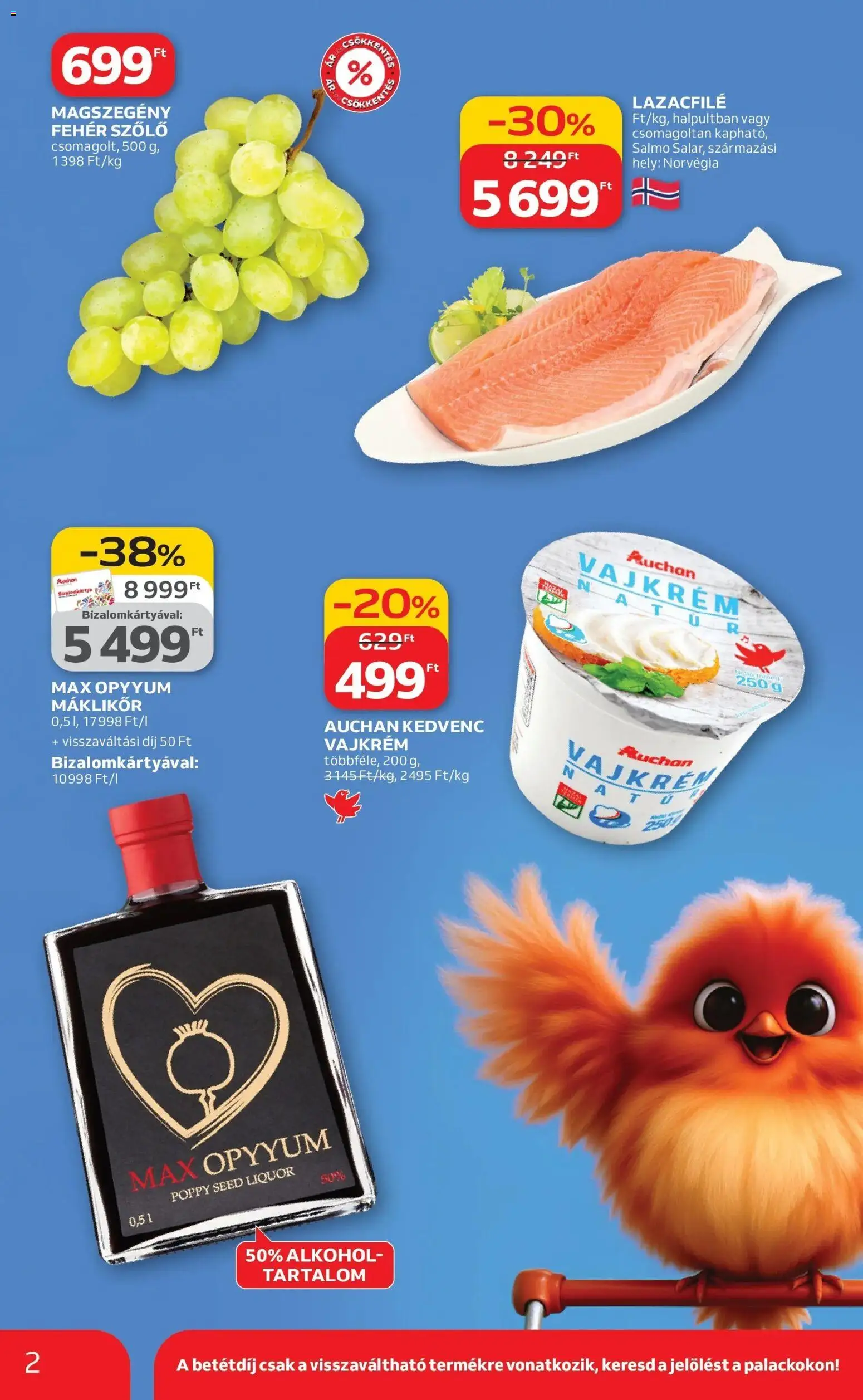 Auchan akciós ujság - amely érvényes a következő dátumtól: 12.03.2026 | Oldal: 2 | Termékek: Szőlő, Alkohol, Lazacfilé, Vajkrém