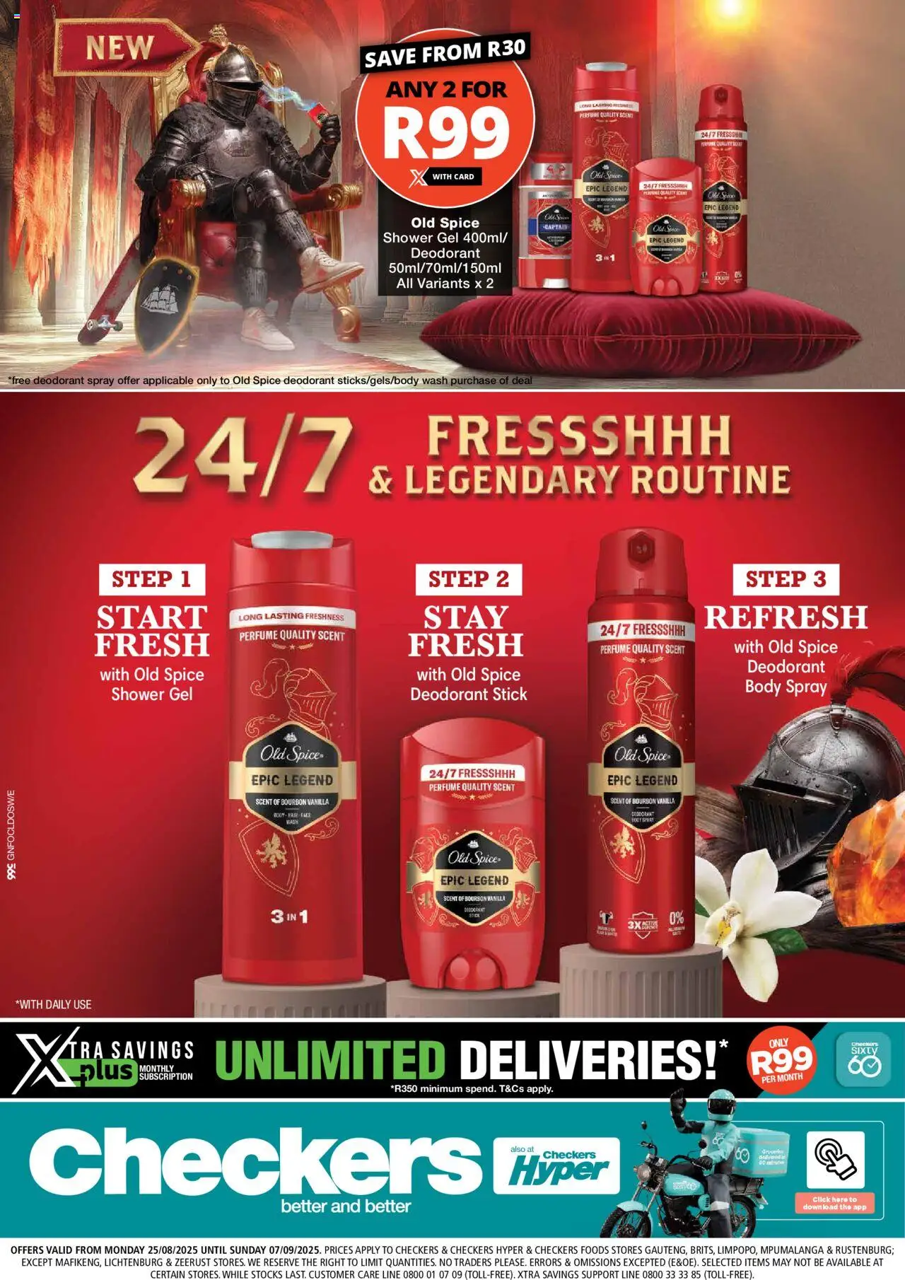 Checkers Gauteng - Old Spice Promotion │ valid from 25.08.2025 | Page: 1 | Products: Shower, Body spray, Bourbon, Deodorant