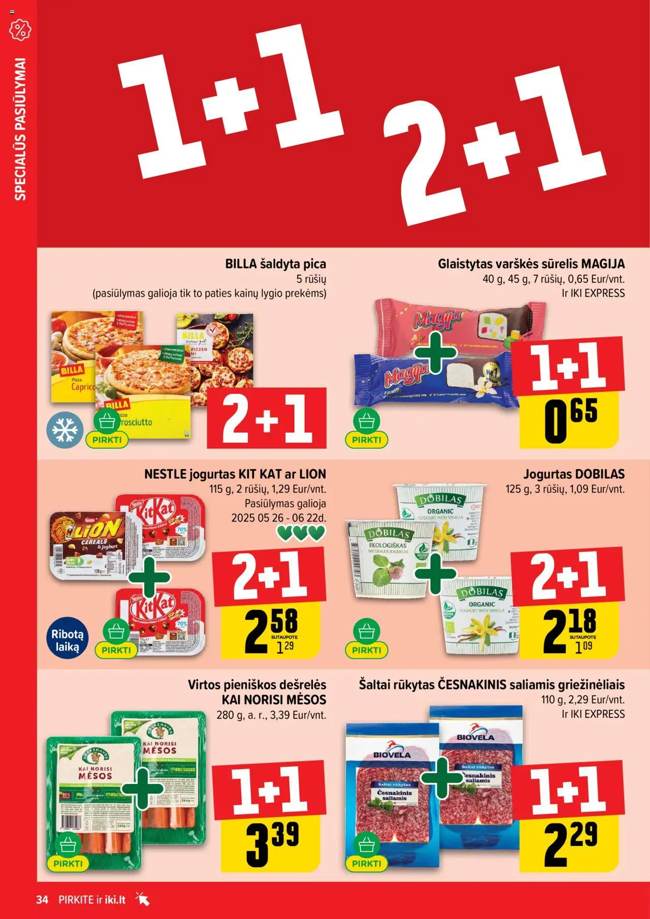 IKI leidinys│galioja nuo 16.06.2025 | Puslapis: 34 | Prekių: Sūrelis, Dešrelės, Jogurtas, Pica