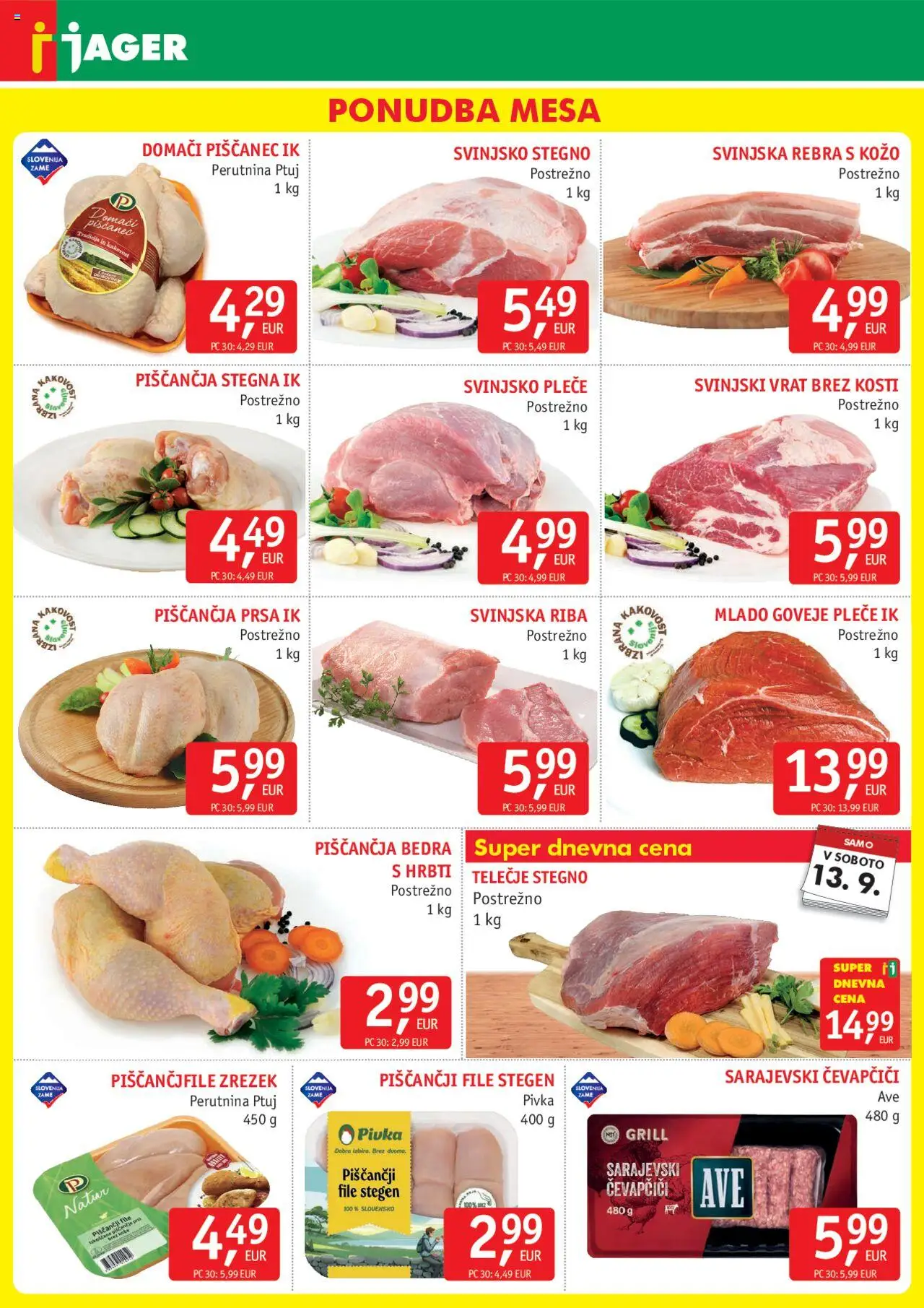 Novi Jager katalog ponudbe – veljaven od 10.09.2025 | Stran: 3 | Izdelki: Čevapčiči, Piščančja bedra, Riba, Grill