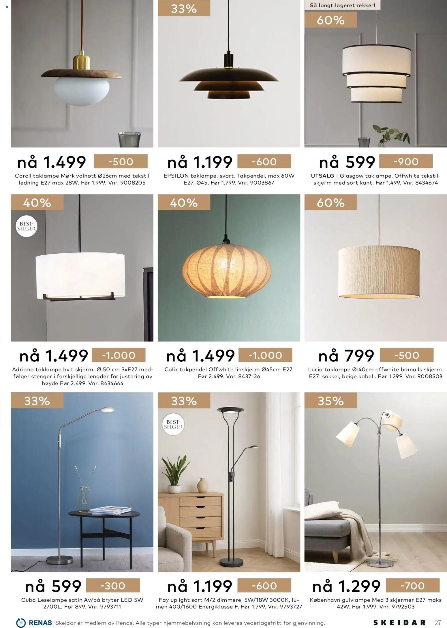 {H1} | Side: 27 | Produkter: Taklampe, Ledning, Skjerm