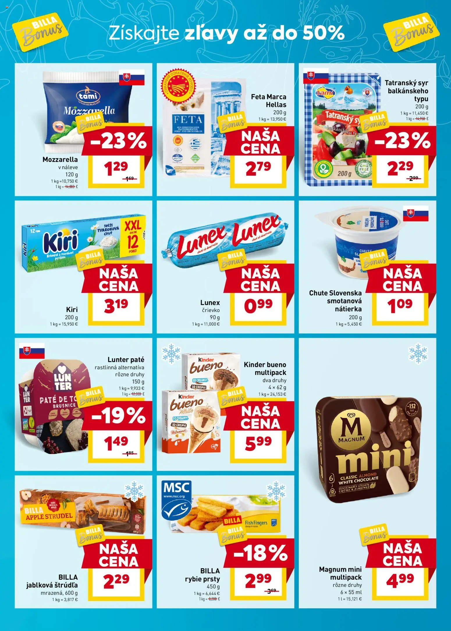 Nové Billa akcie – leták je platný od 30.03.2026 | Strana: 5 | Produkty: Syr, Kinder, Apple, Magnum
