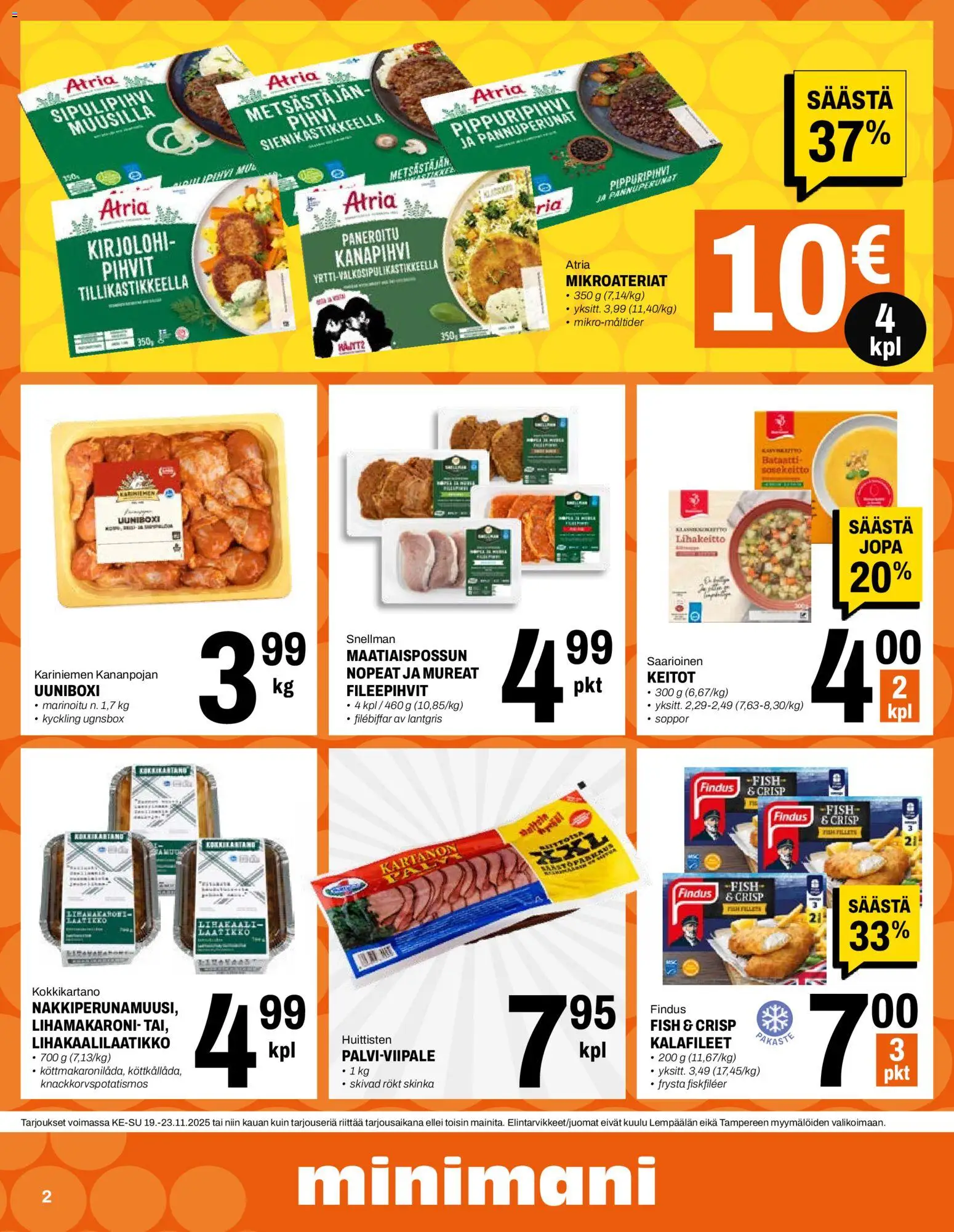 Minimani tarjoukset – voimassa 19.11.2025 alkaen | Sivu: 2 | Tuotteet: Kirjolohi, Bataatti, Laatikko, Pihvi