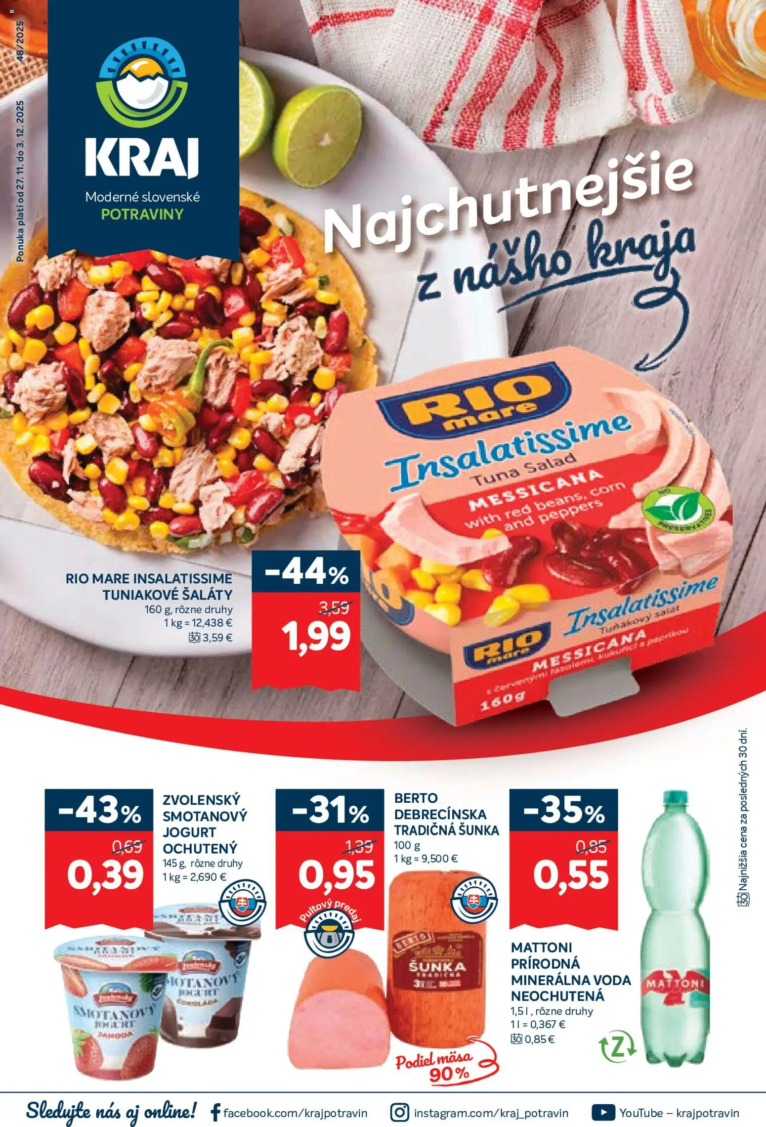 Nové Kraj akcie – leták je platný od 27.11.2025 | Strana: 1 | Produkty: Jogurt, Rio Mare, Mattoni, Šalát