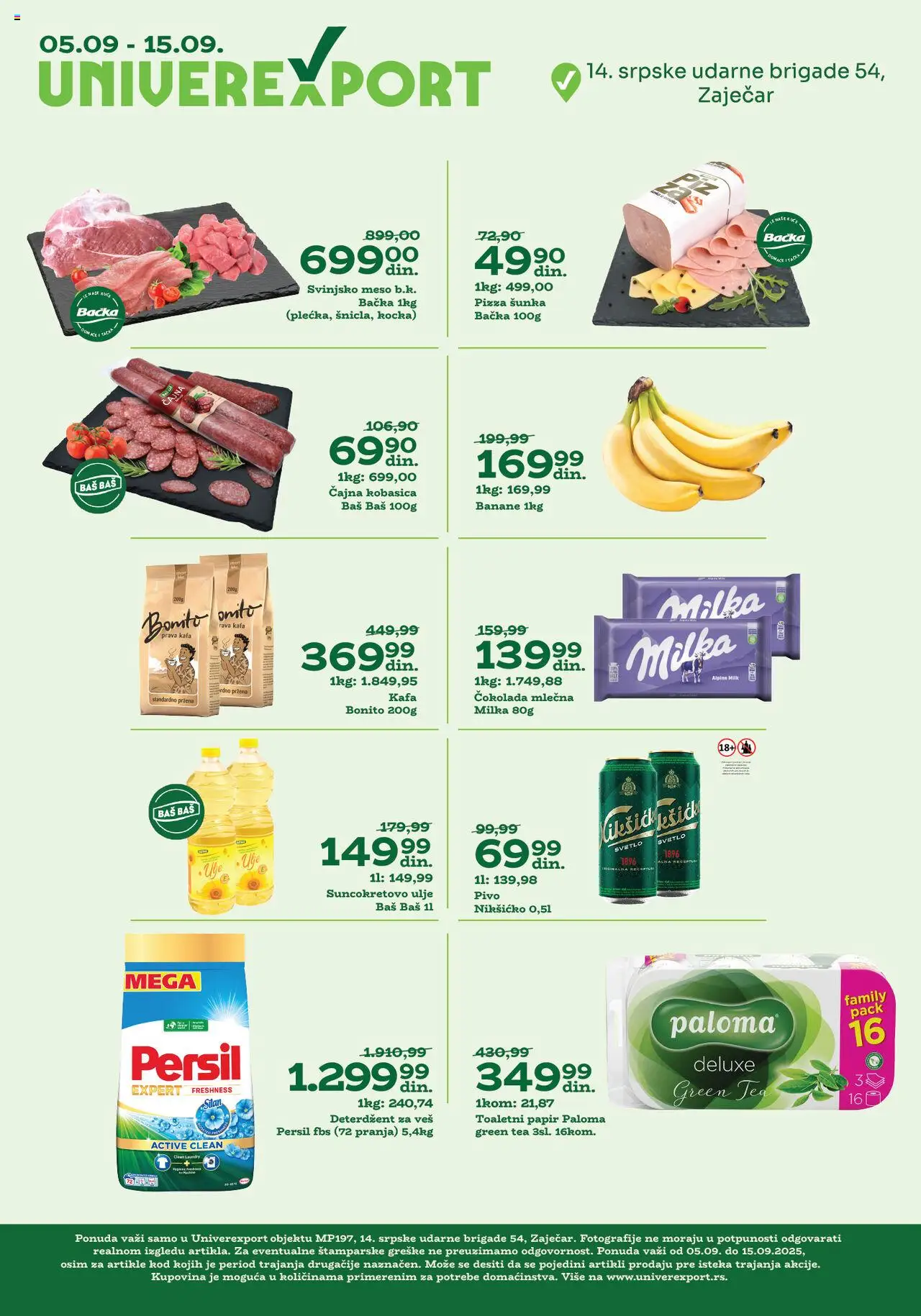 Univerexport katalog - važi od 05.09.2025 | Strana: 1 | Proizvode: Milka, Svinjsko meso, Čokolada, Pivo