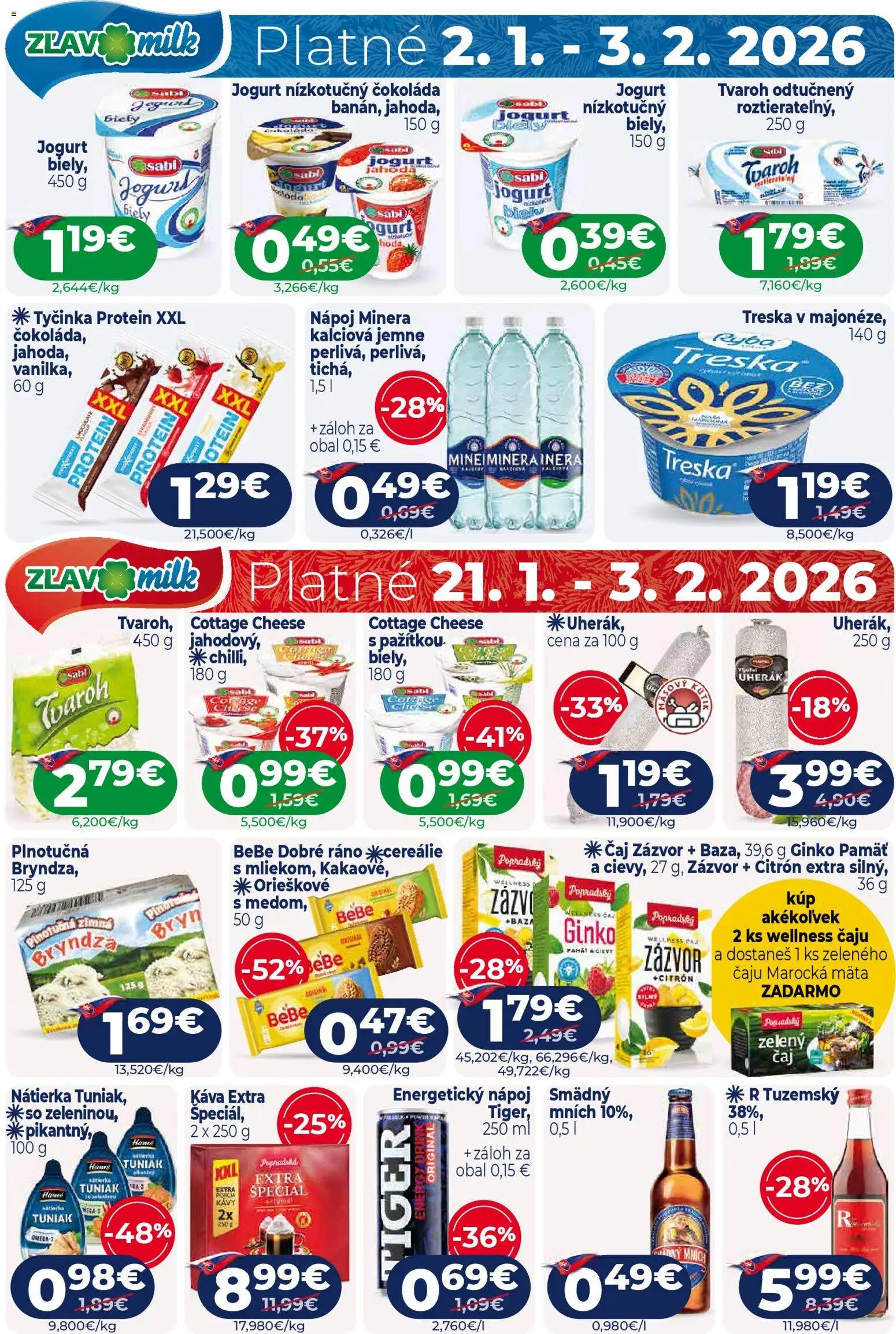 Nové Milk Agro akcie – leták je platný od 21.01.2026 | Strana: 16 | Produkty: BeBe Dobré ráno, Protein, Čokoláda, Energetický nápoj