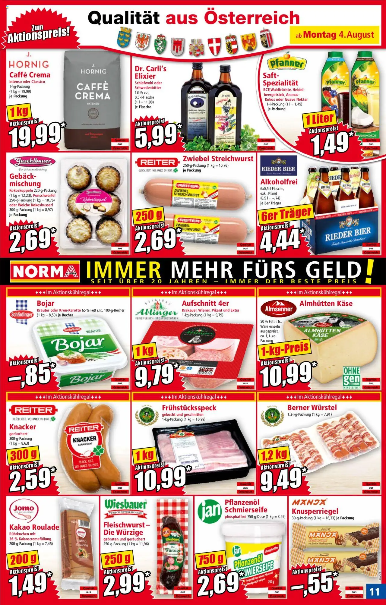 Norma Flugblatt gültig ab 04.08.2025 | Seite: 11 | Produkte: Käse, Saft, Bier, Ananas
