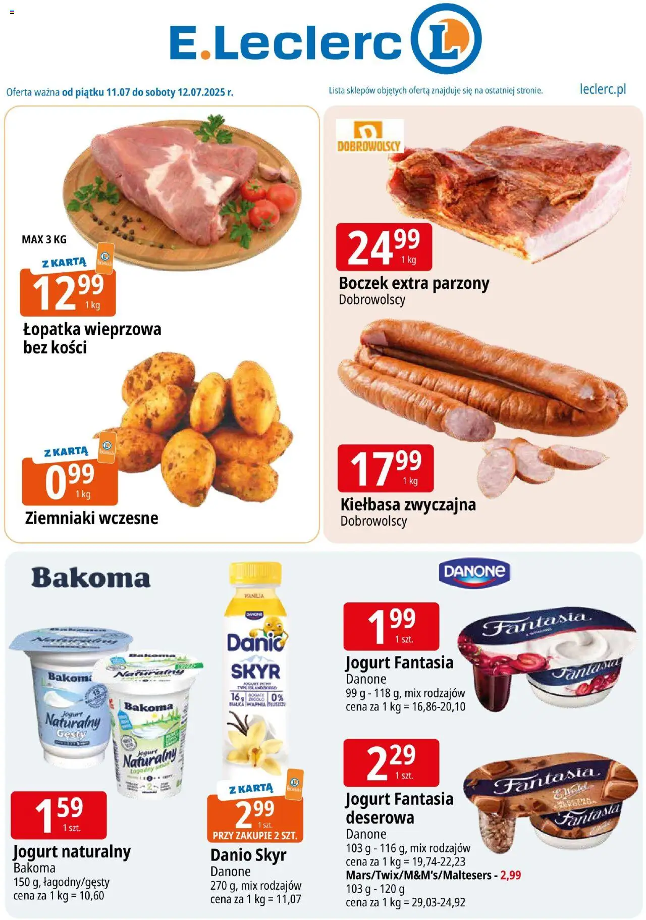 E.Leclerc Gazetka - Warszawa Jerozolimskie od 11.07.2025 | Strona: 1 | Produkty: Boczek, Bułka, Jogurt, Ziemniaki