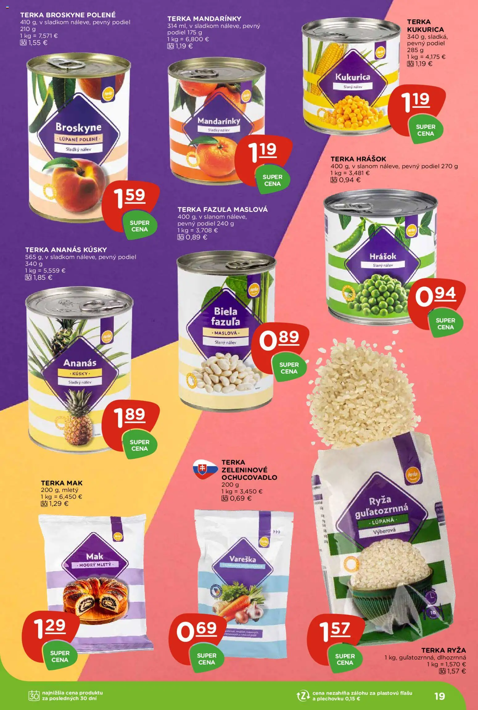 Nové Terno akcie – leták je platný od 15.01.2026 | Strana: 19 | Produkty: Ryža, Hrášok, Mandarinky, Broskyne