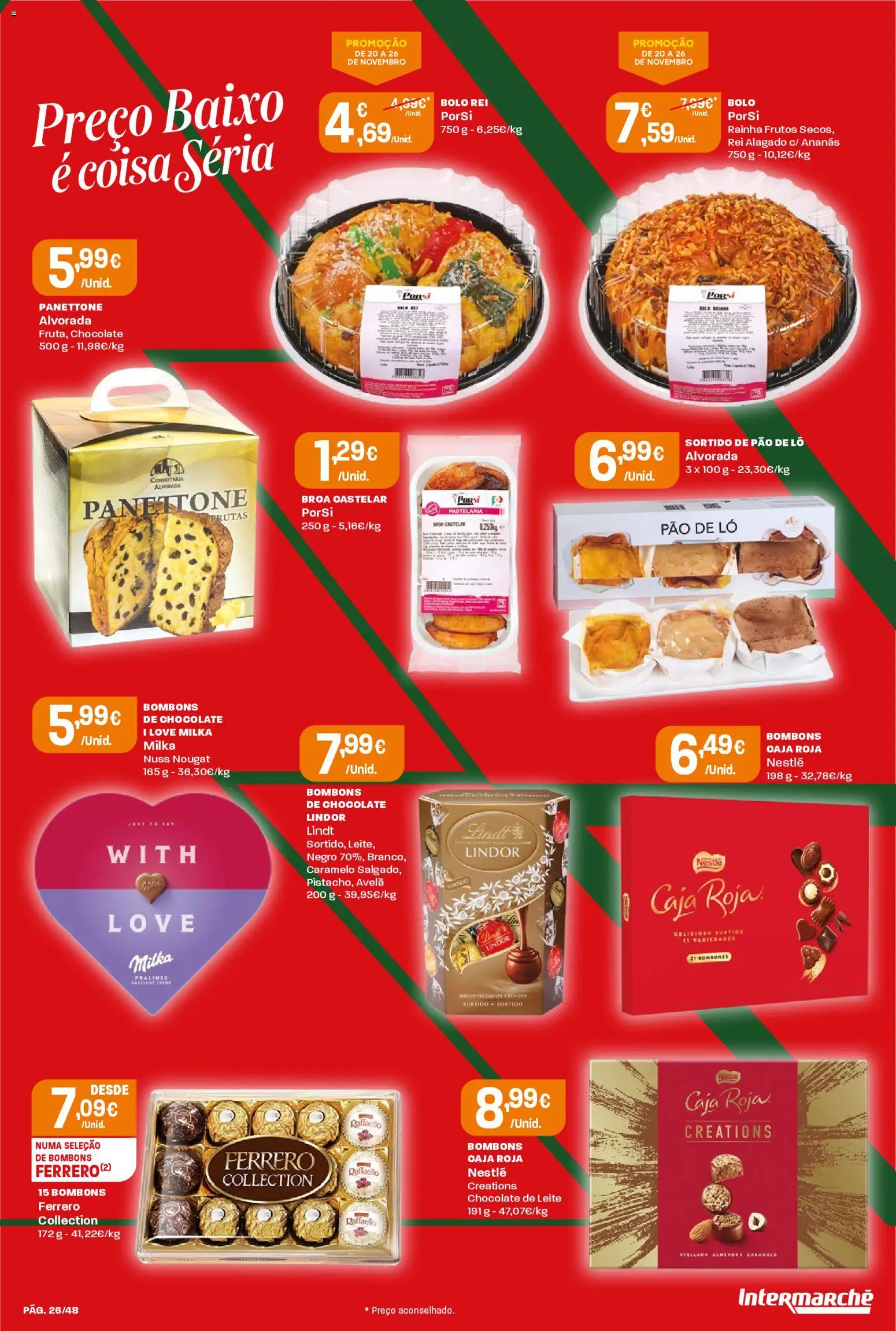 Intermarché folheto │ válido de 20.11.2025 | Página: 26 | Produtos: Bolo, Leite, Pão, Chocolate