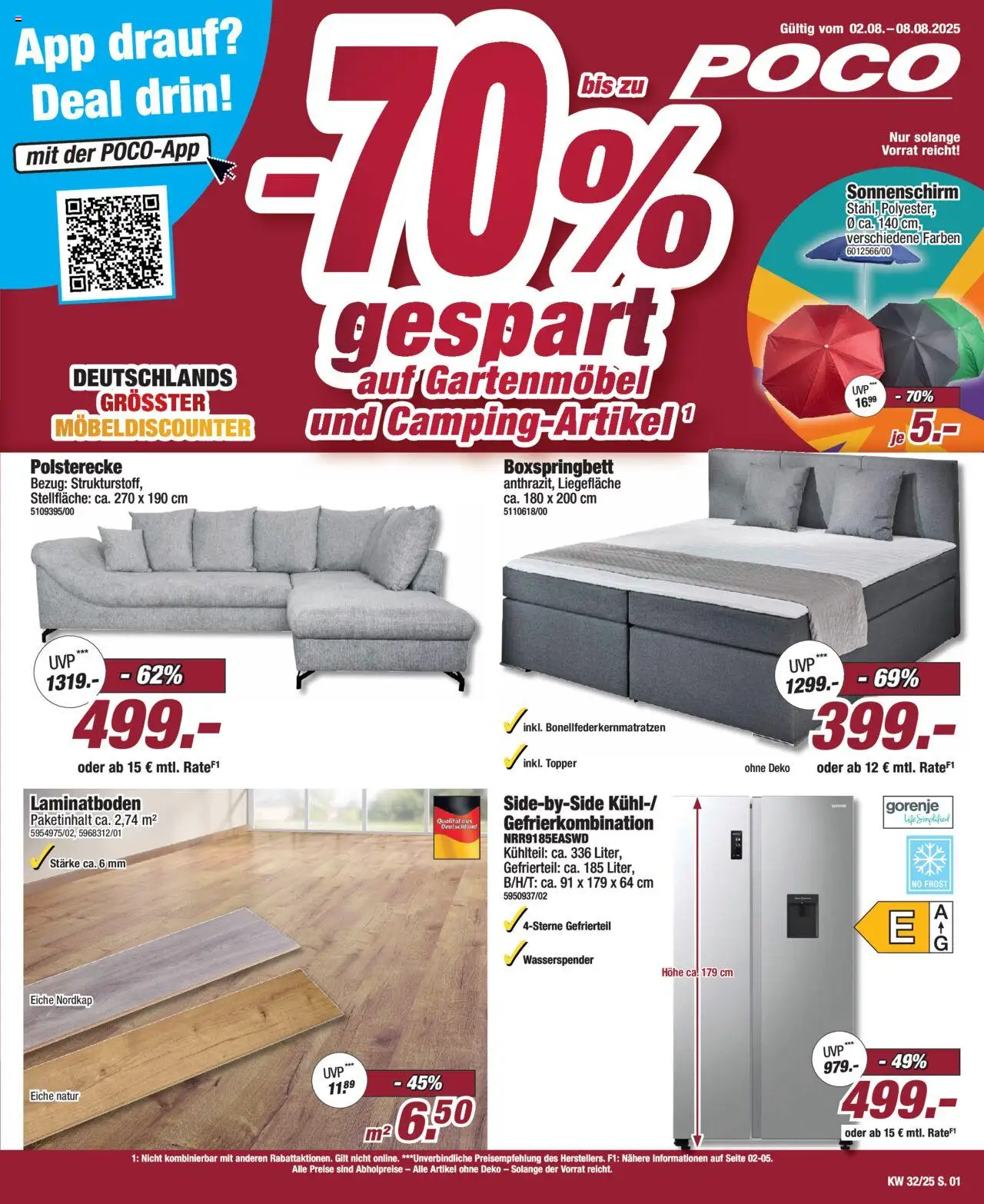 Poco Prospekt 	 - gültig ab dem 02.08.2025 | Seite: 1 | Produkte: Gorenje, Boxspringbett, Gartenmöbel, Sonnenschirm