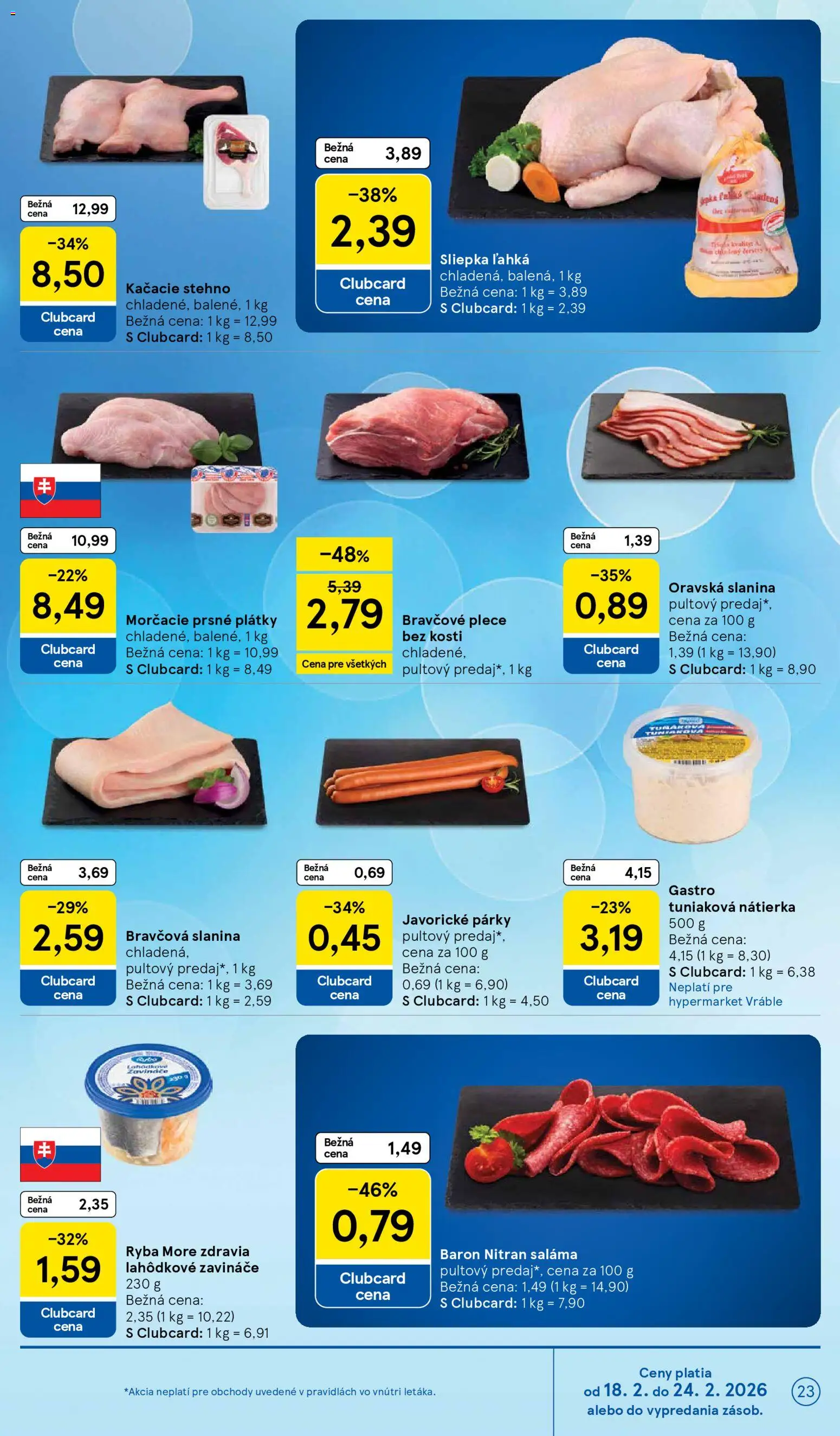 Nové Tesco akcie – leták je platný od 18.02.2026 | Strana: 23 | Produkty: Saláma, Slanina, Bravčové plece, Ryba