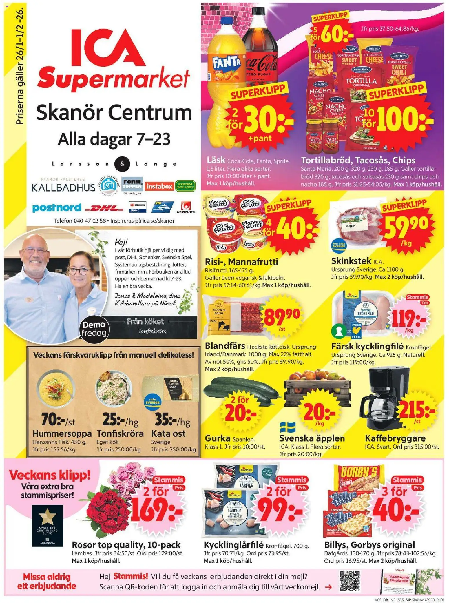 ICA Supermarket reklamblad aktuell från 26.01.2026 | Sida: 1 | Produkter: Kaffebryggare, Blandfärs, Fanta, Gurka