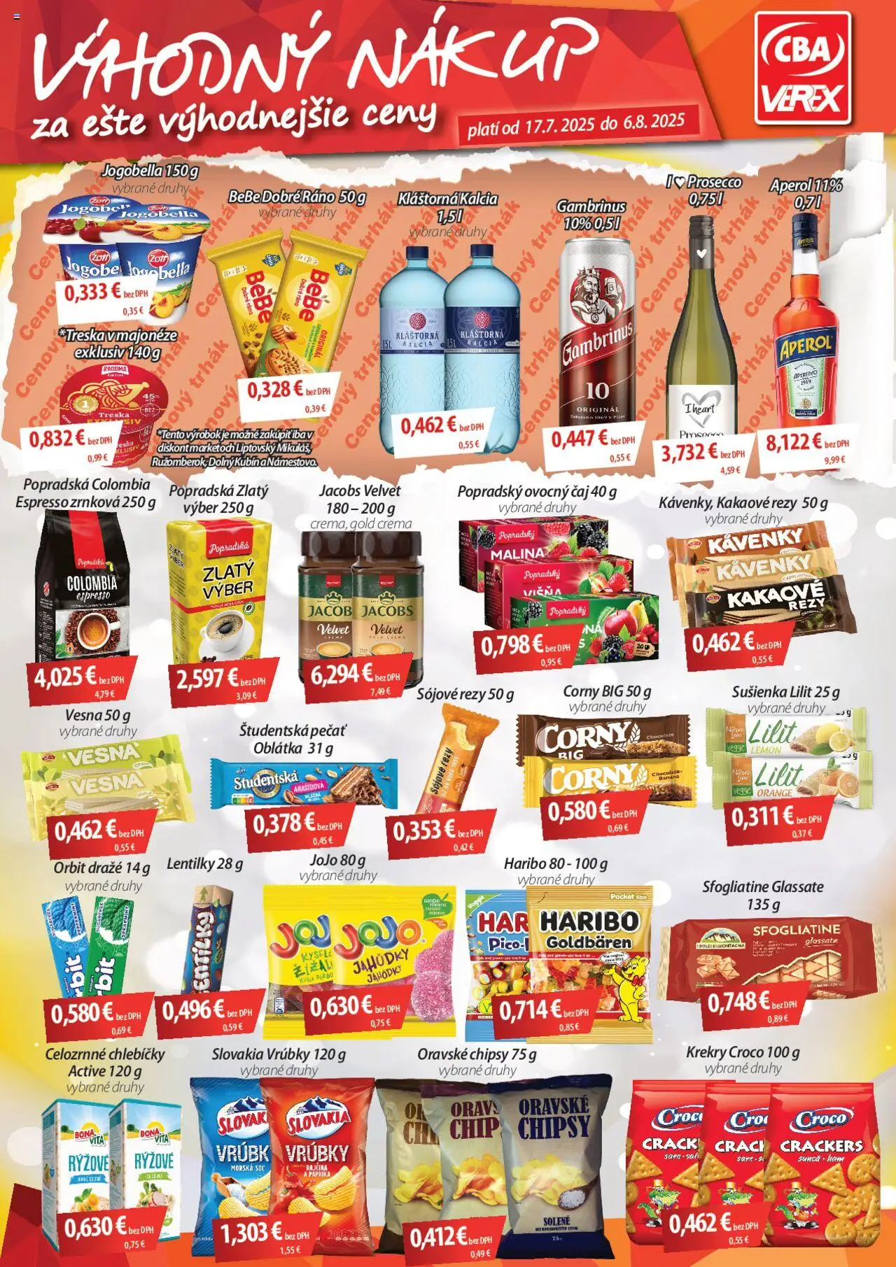 CBA Verex výhodný nákup │ platný od 17.07.2025 | Strana: 1 | Produkty: BeBe Dobré ráno, Chipsy, Študentská pečať, Aperol