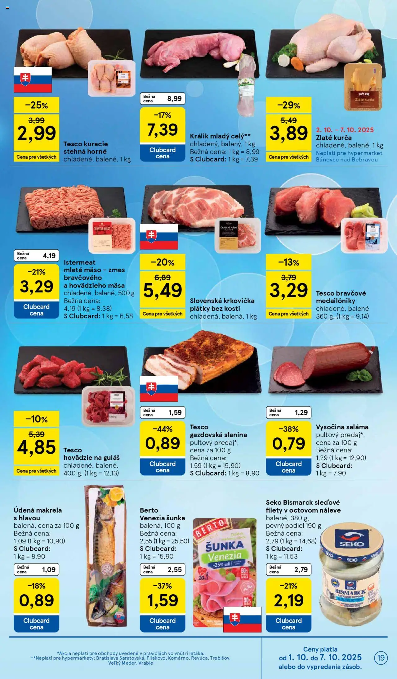 Nové Tesco akcie – leták je platný od 01.10.2025 | Strana: 19 | Produkty: Šunka, Slanina, Kuracie stehná, Krkovička