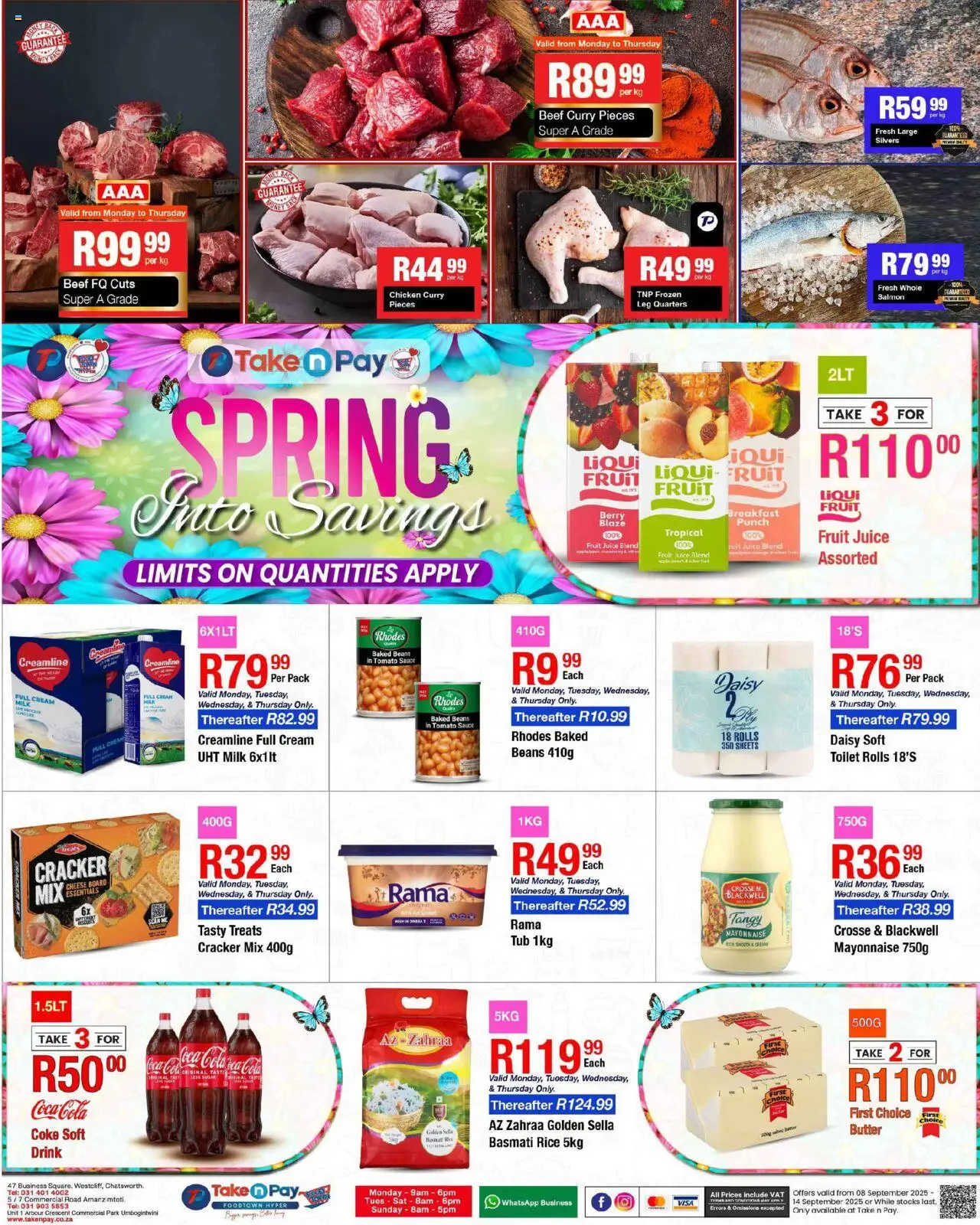 New Take n Pay catalogue – valid from 08.09.2025 | Page: 1 | Products: Coke, Juice, Tomato sauce, Fruit