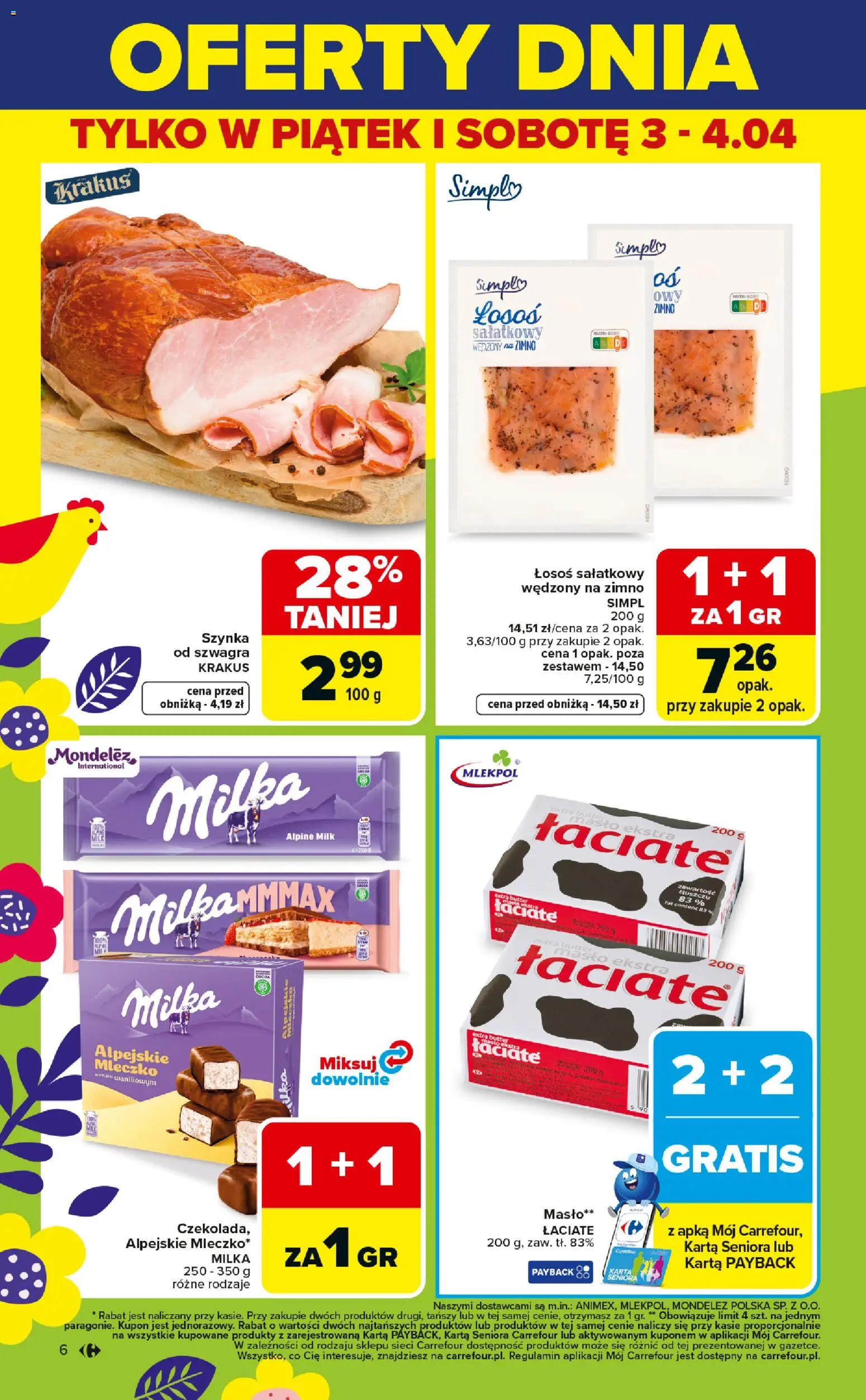 Carrefour gazetka - Świąteczne Okazje Już Od Środy od 01.04.2026 | Strona: 6 | Produkty: Karta, Szynka, Milka, Masło
