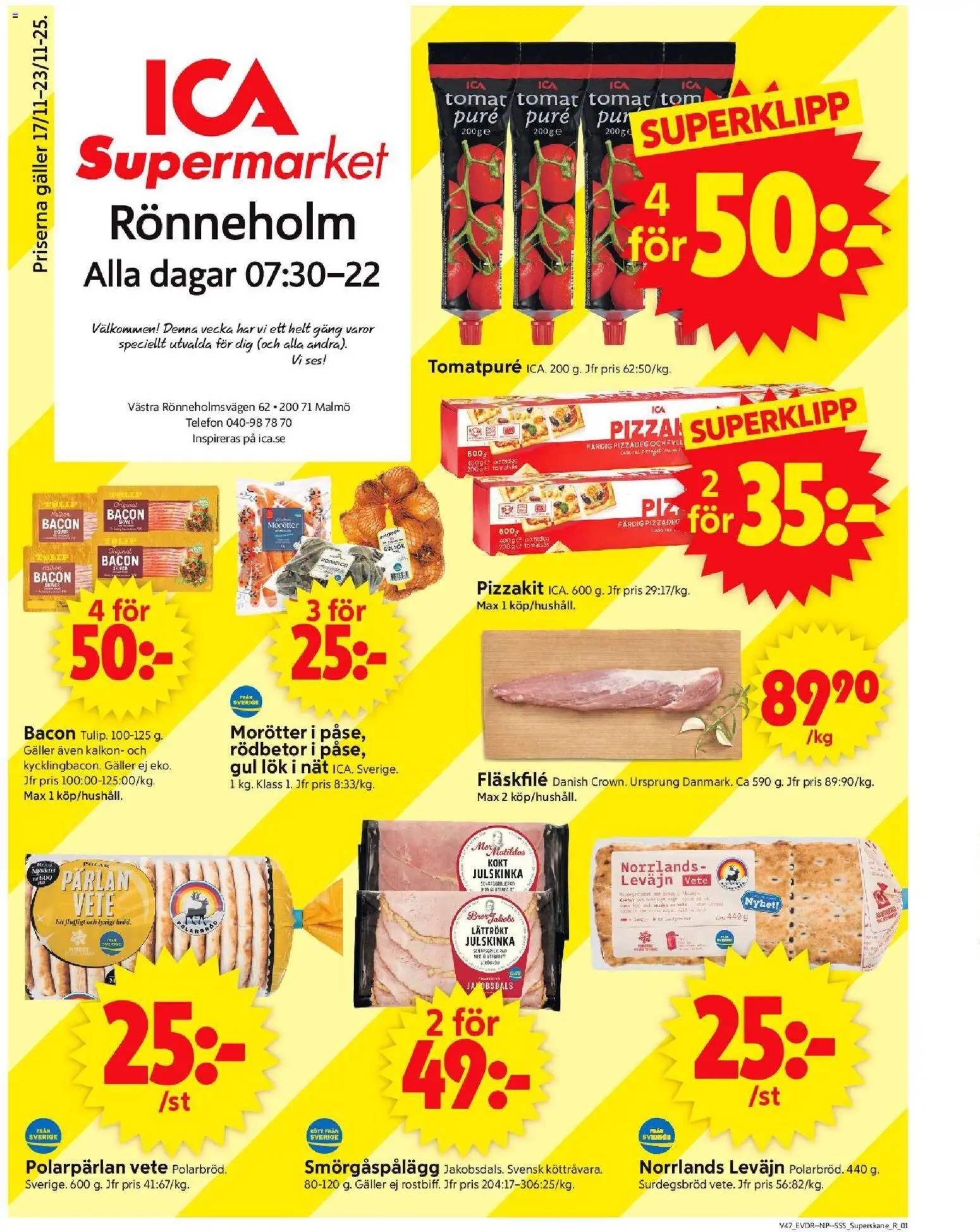 ICA Supermarket reklamblad aktuell från 17.11.2025 | Sida: 1 | Produkter: Smörgåspålägg, Gul lök, Kalkon, Telefon