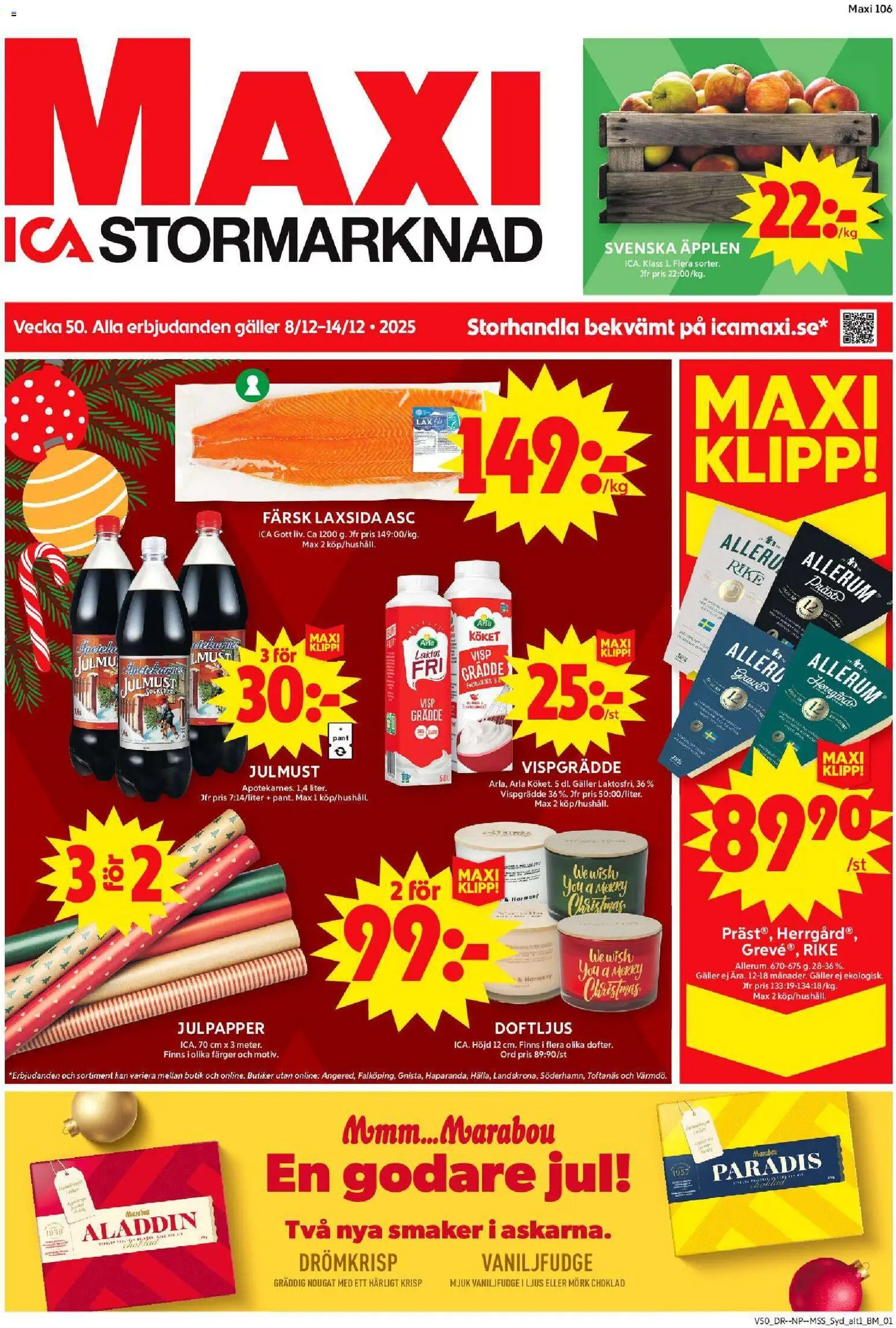 ICA Maxi reklamblad aktuell från 08.12.2025 | Sida: 1 | Produkter: Galler, Lax, Äpplen, Ljus