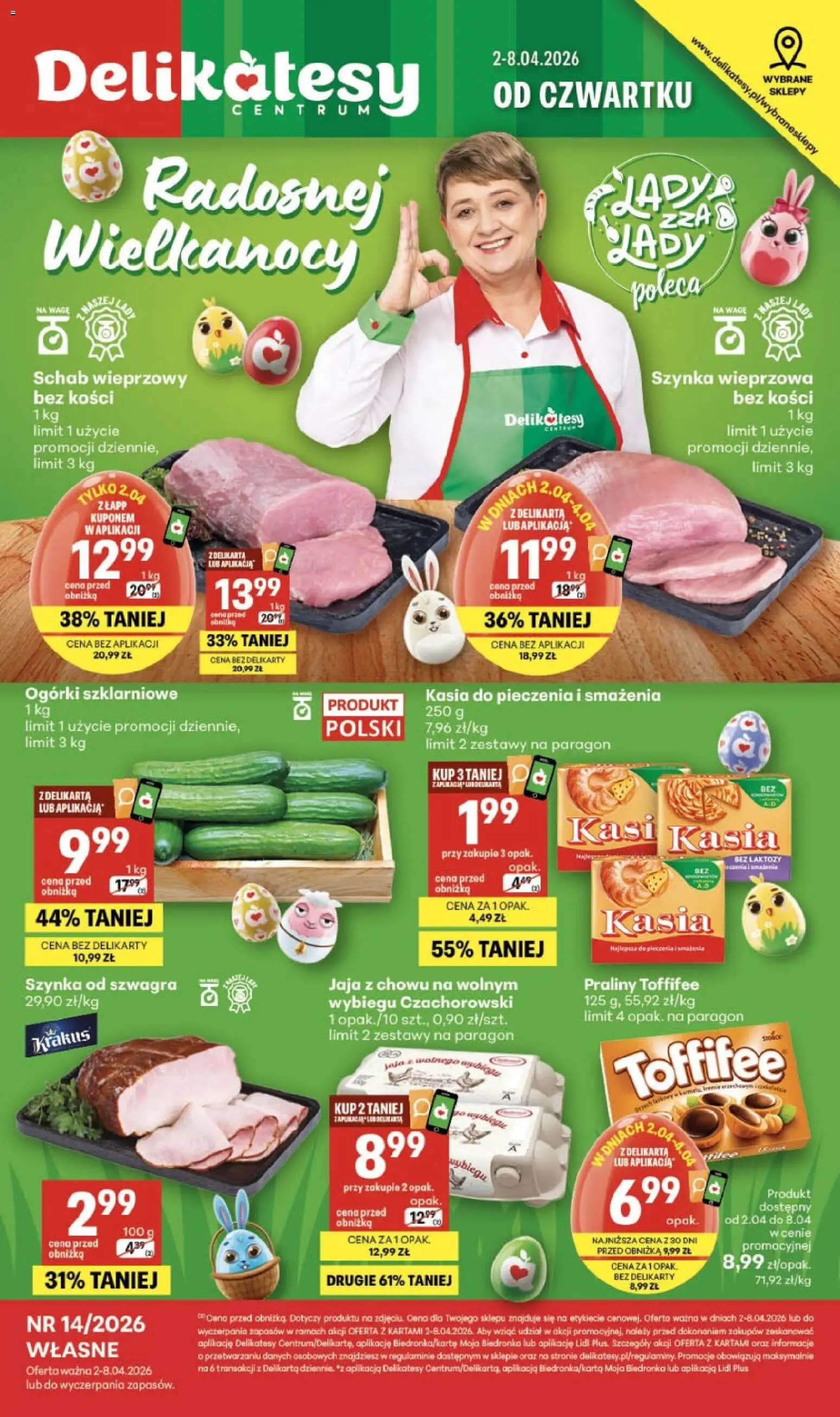 Delikatesy Centrum gazetka - Sklepy Własne od 02.04.2026 | Strona: 1 | Produkty: Bez laktozy, Praliny, Szynka wieprzowa, Jaja