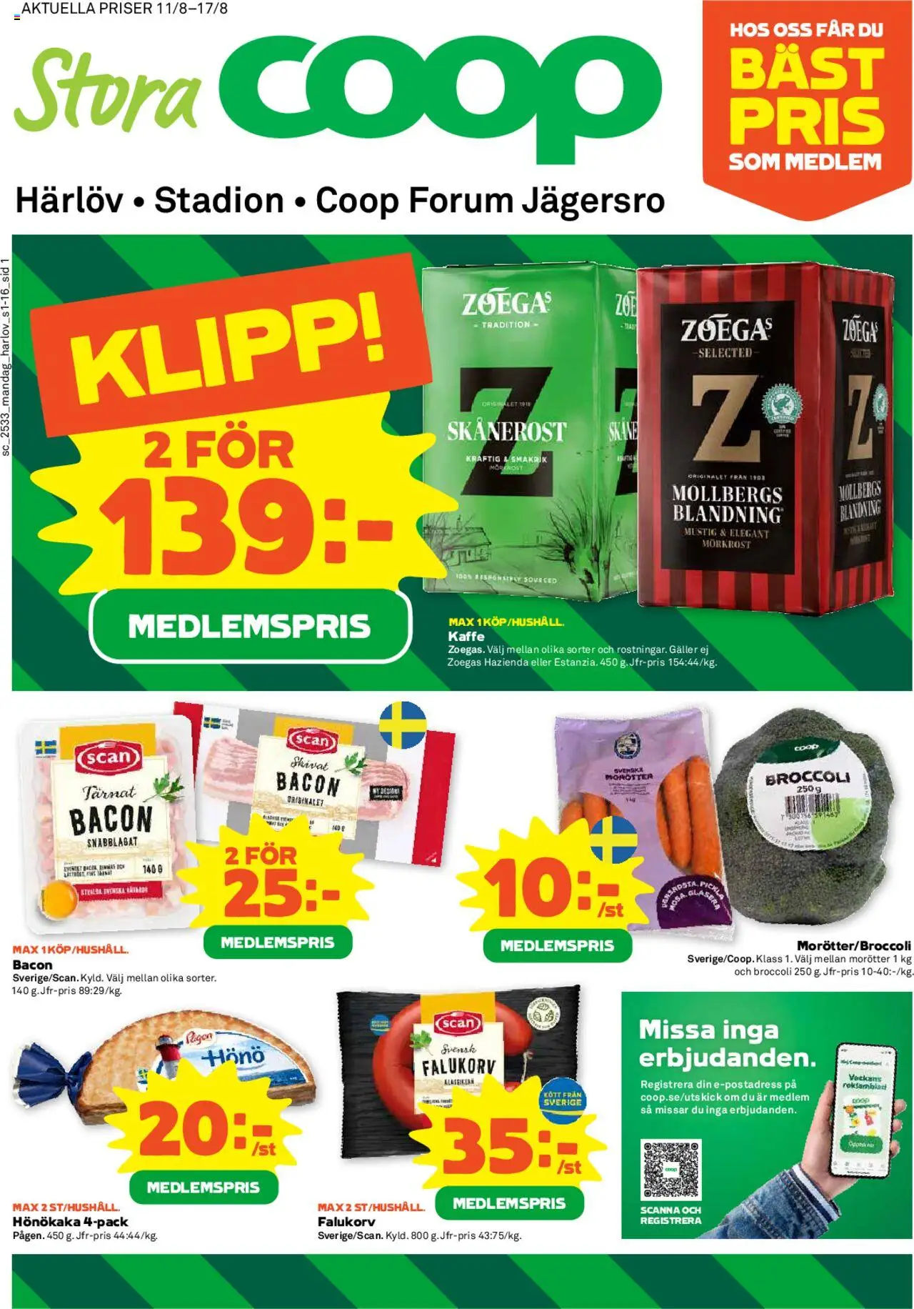 Coop Forum reklamblad aktuell från 11.08.2025 | Sida: 1 | Produkter: Bacon, Galler, Falukorv, Kaffe