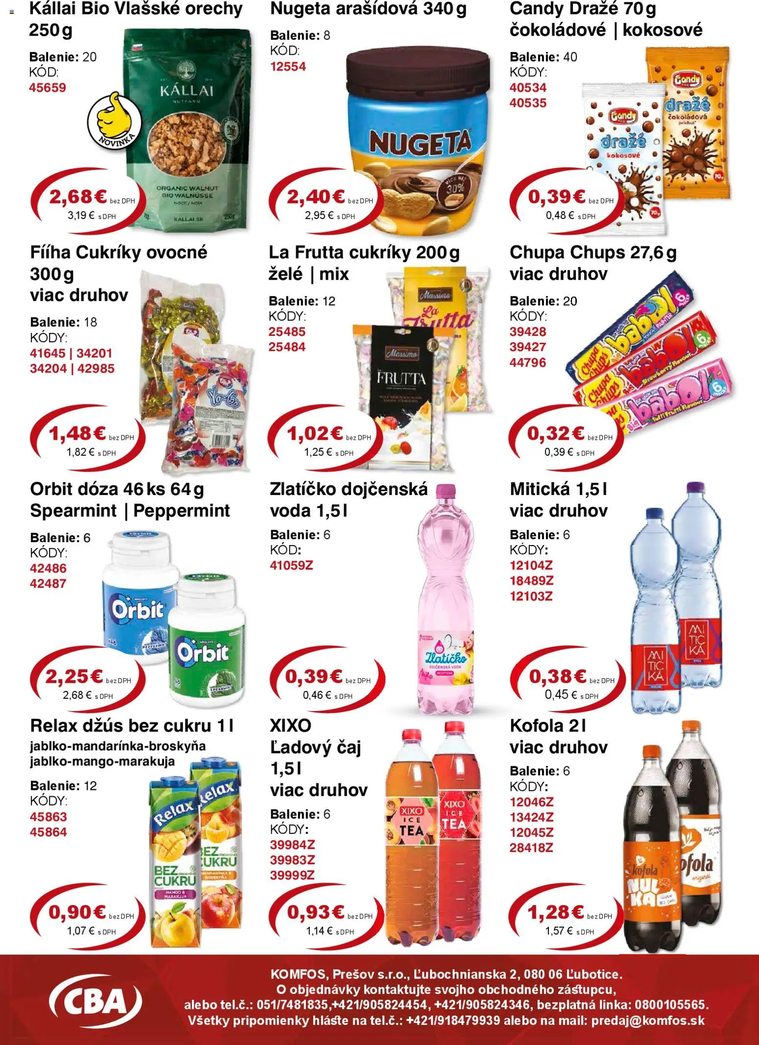 Nové CBA Komfos akcie – leták je platný od 27.03.2026 | Strana: 8 | Produkty: Džús, Kofola, Cukríky, Mitická