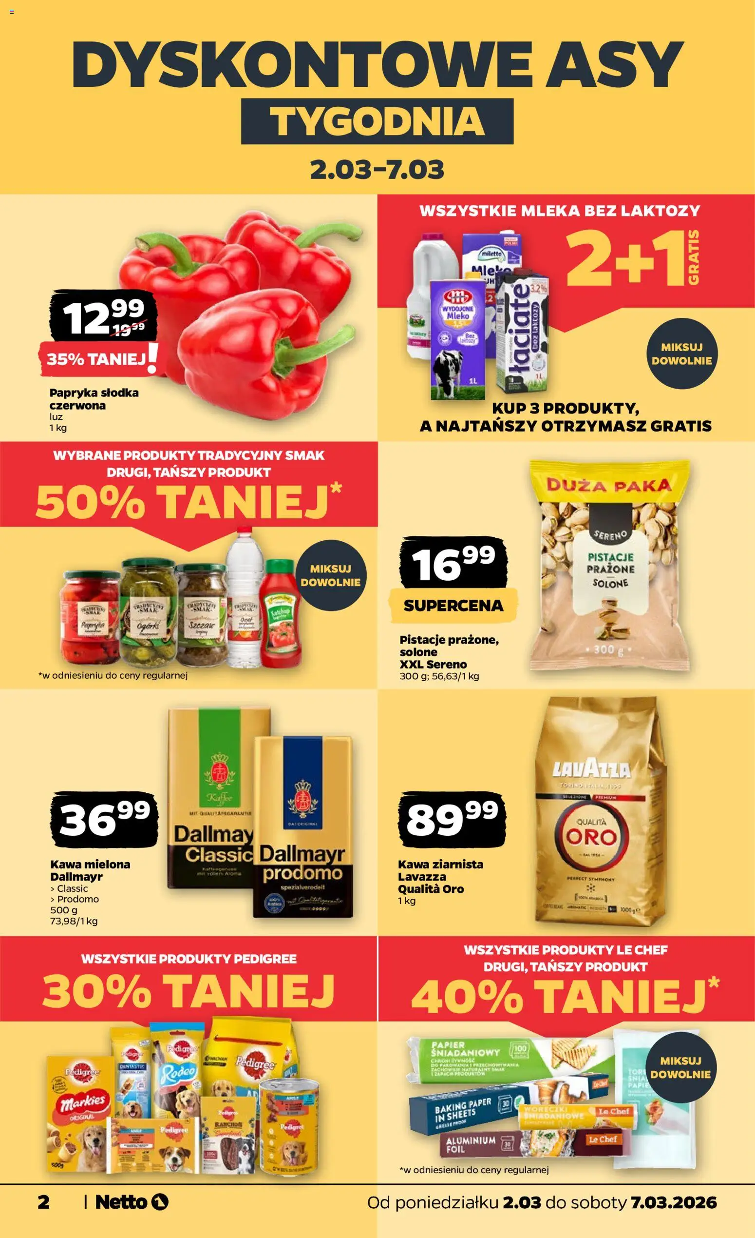 Netto gazetka od poniedziałku spożywcza od 02.03.2026 | Strona: 2 | Produkty: Kawa ziarnista, Papryka, Pedigree, Mleko