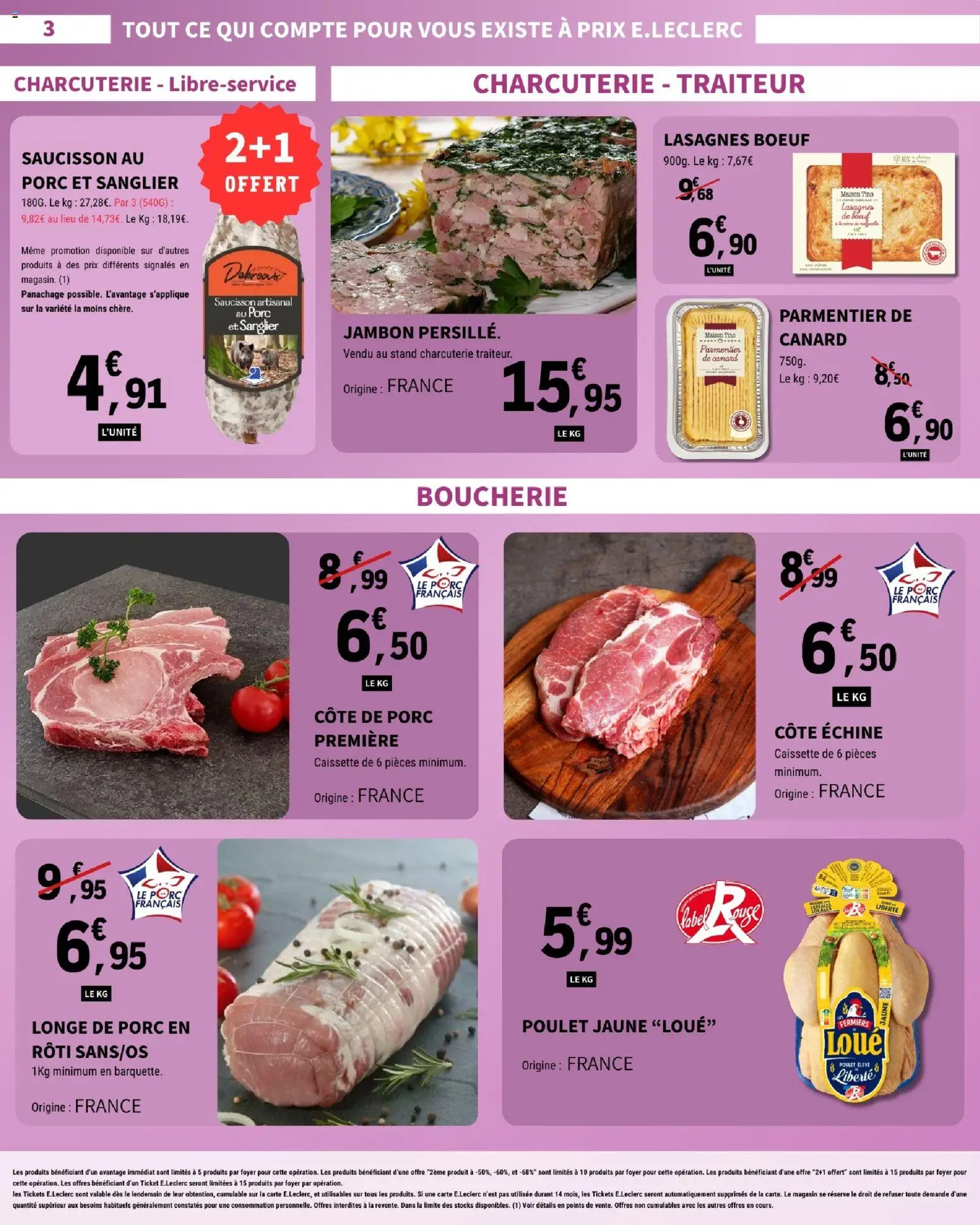 {H1} | Page: 3 | Produits: Saucisson, Lasagnes, Jambon, Côte de porc