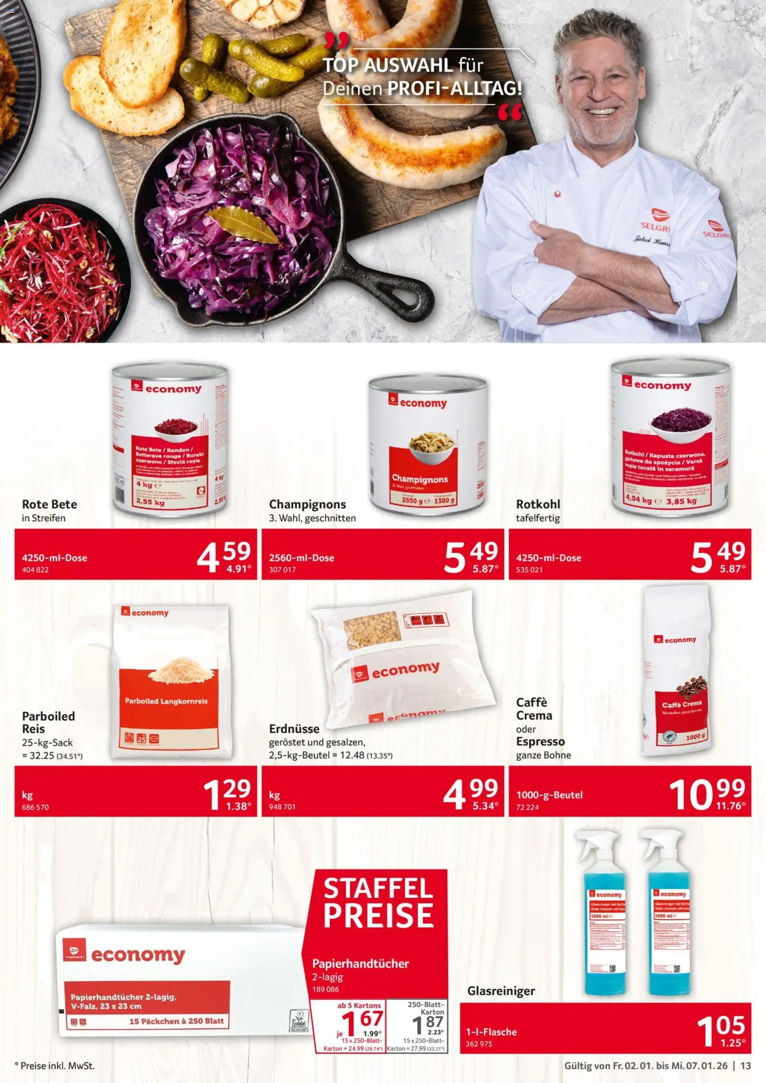 Selgros Prospekt 	 – gültig ab 02.01.2025 | Seite: 13 | Produkte: Rotkohl, Rouge, Champignons, Reis