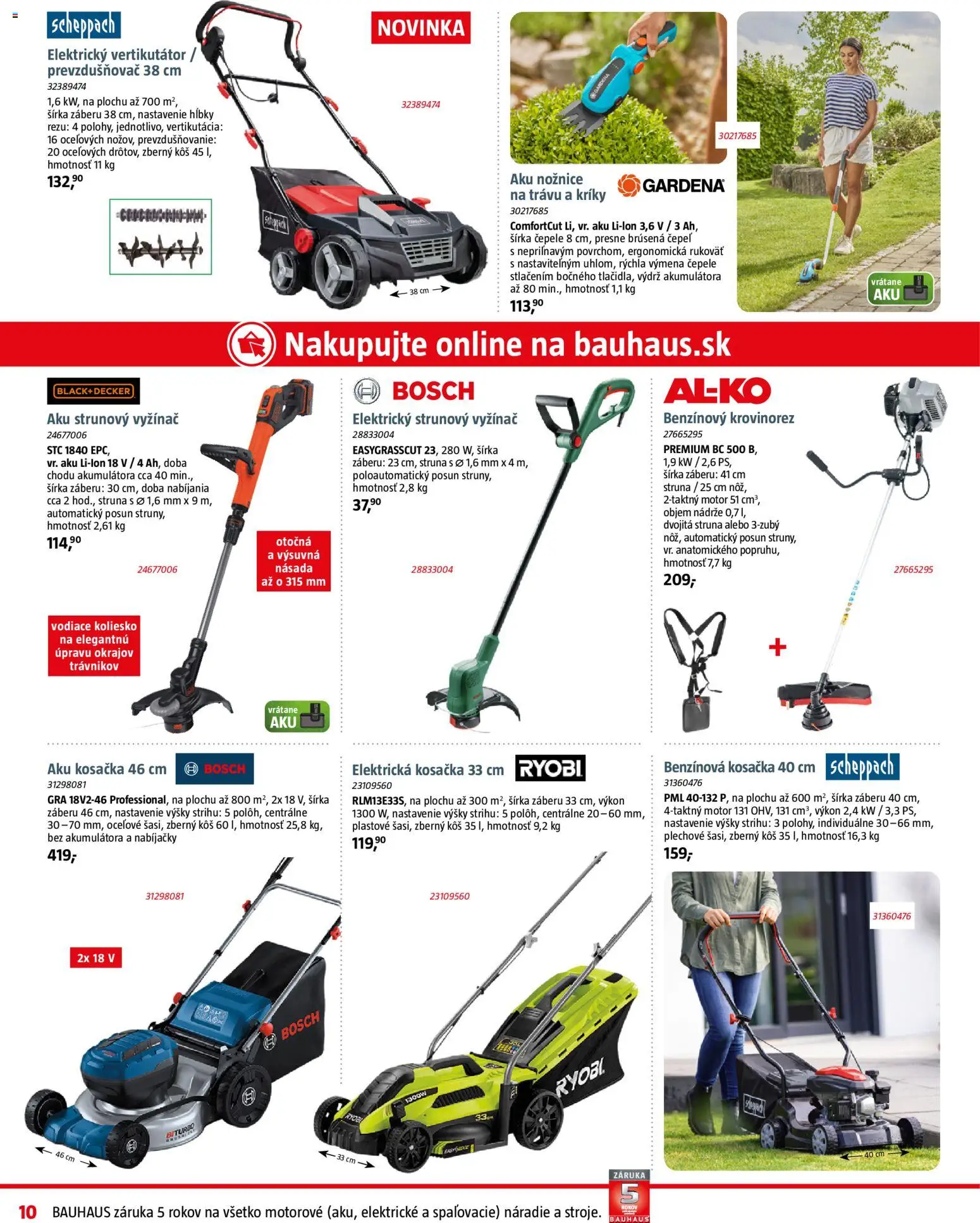 Nové Bauhaus akcie – leták je platný od 07.04.2026 | Strana: 10 | Produkty: Vertikutátor, Krovinorez, Elektrická kosačka, Aku kosačka