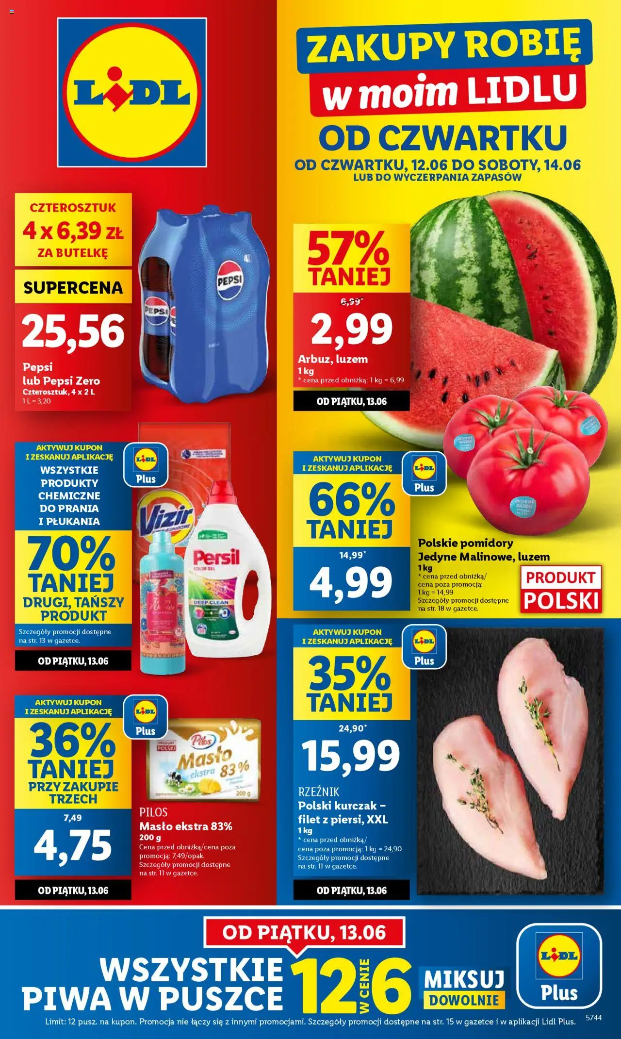 Lidl Gazetka od 12.06.2025 | Strona: 1 | Produkty: Kurczak, Pepsi, Masło, Pomidory
