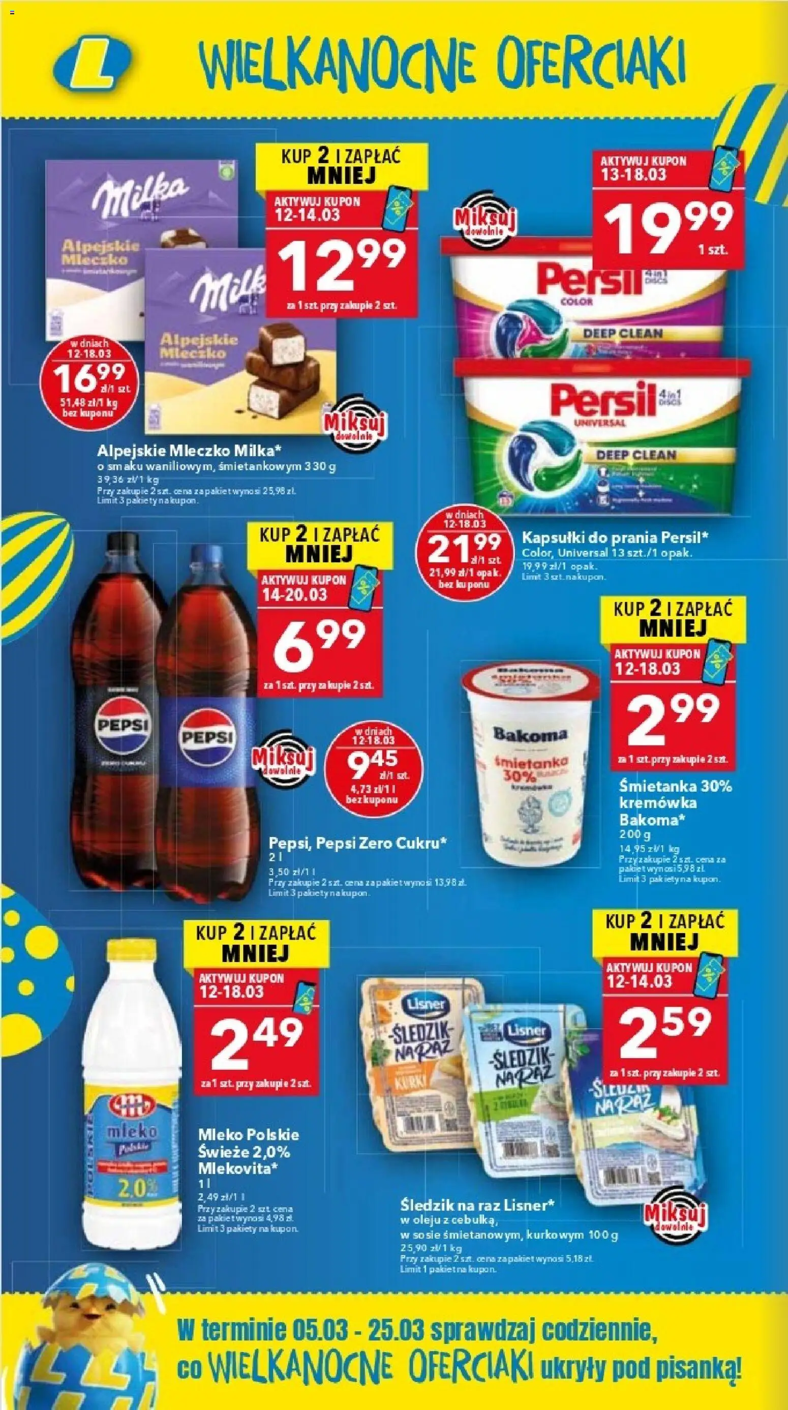 Lewiatan gazetka - Katowice od 12.03.2026 | Strona: 2 | Produkty: Pepsi, Milka, Mleko, Kapsułki do prania