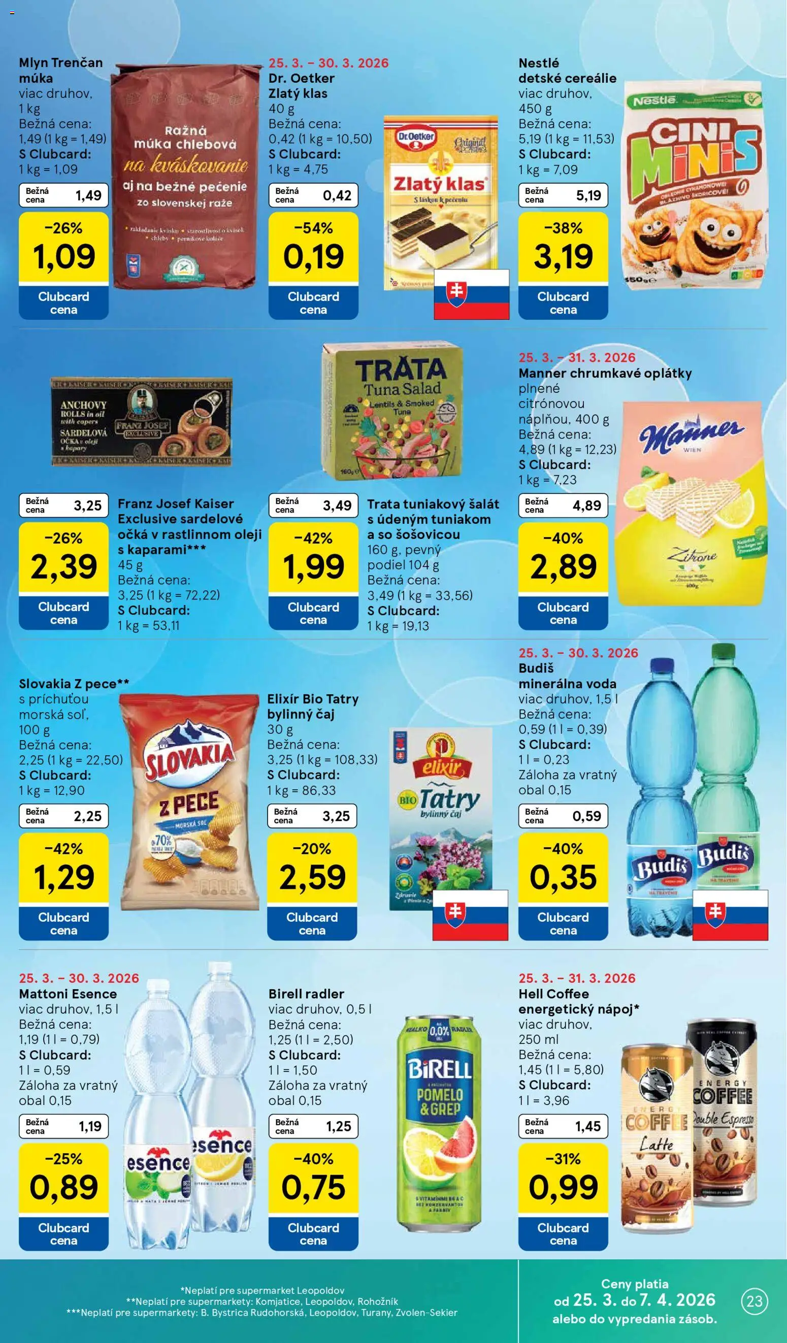 Nové Tesco akcie – leták je platný od 25.03.2026 | Strana: 23 | Produkty: Čaj, Zlatý klas, Múka, Mattoni