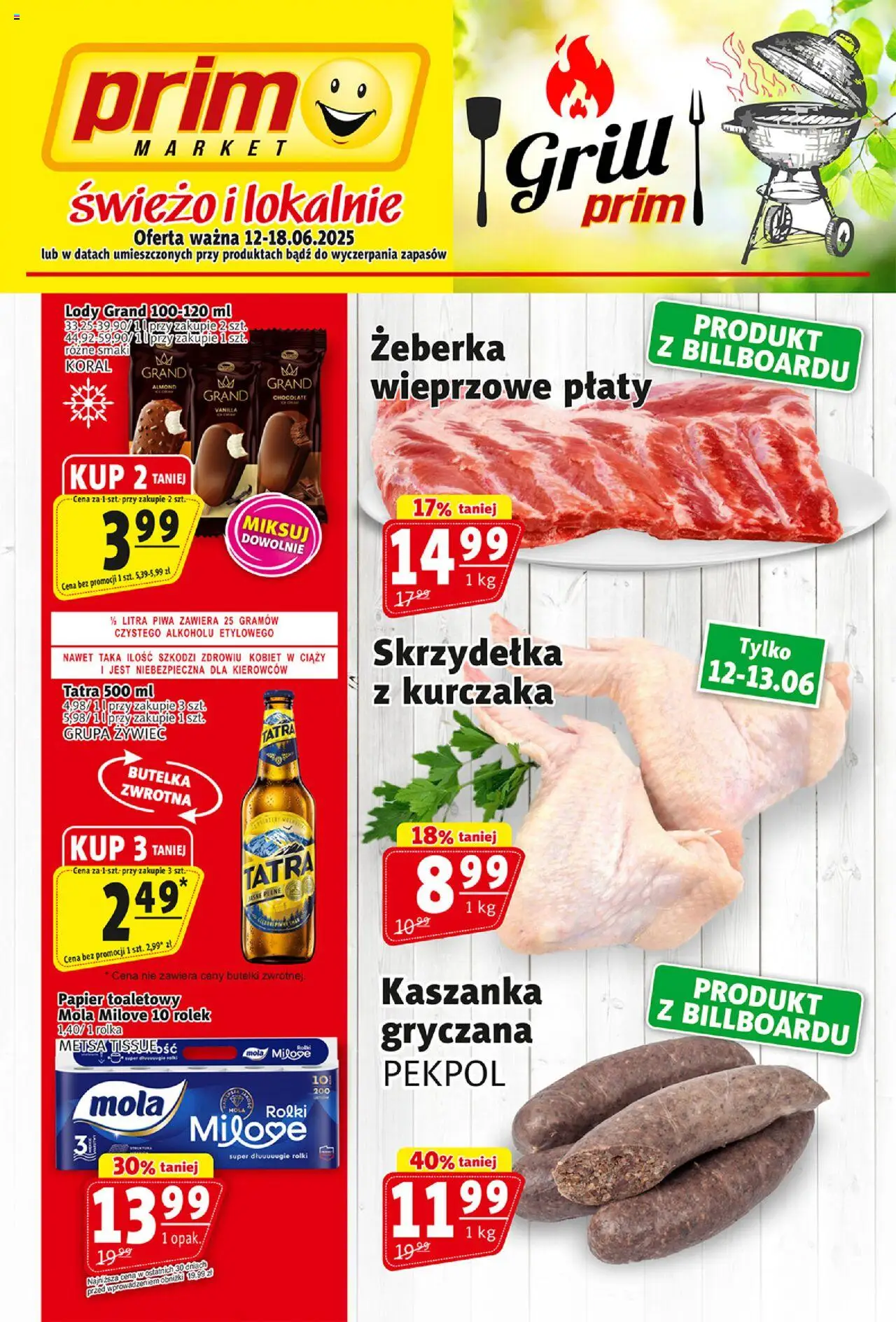 Prim Market Gazetka od 12.06.2025 | Strona: 1 | Produkty: Skrzydełka z kurczaka, Rolki, Grill, Kaszanka