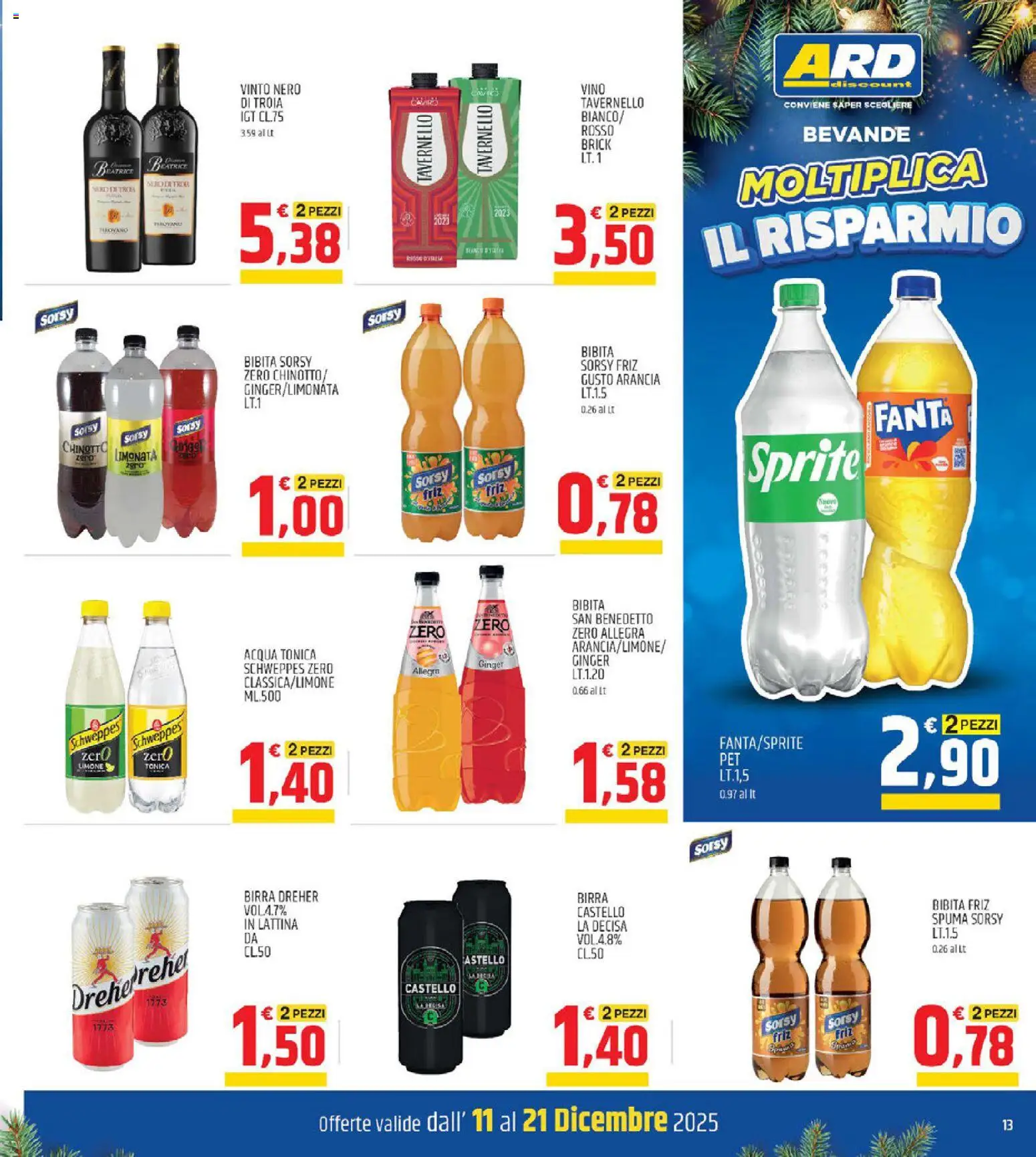 Volantino ARD Discount del 11.12.2025 | Pagina: 13 | Prodotti: Chinotto, Acqua tonica, Acqua, Fanta