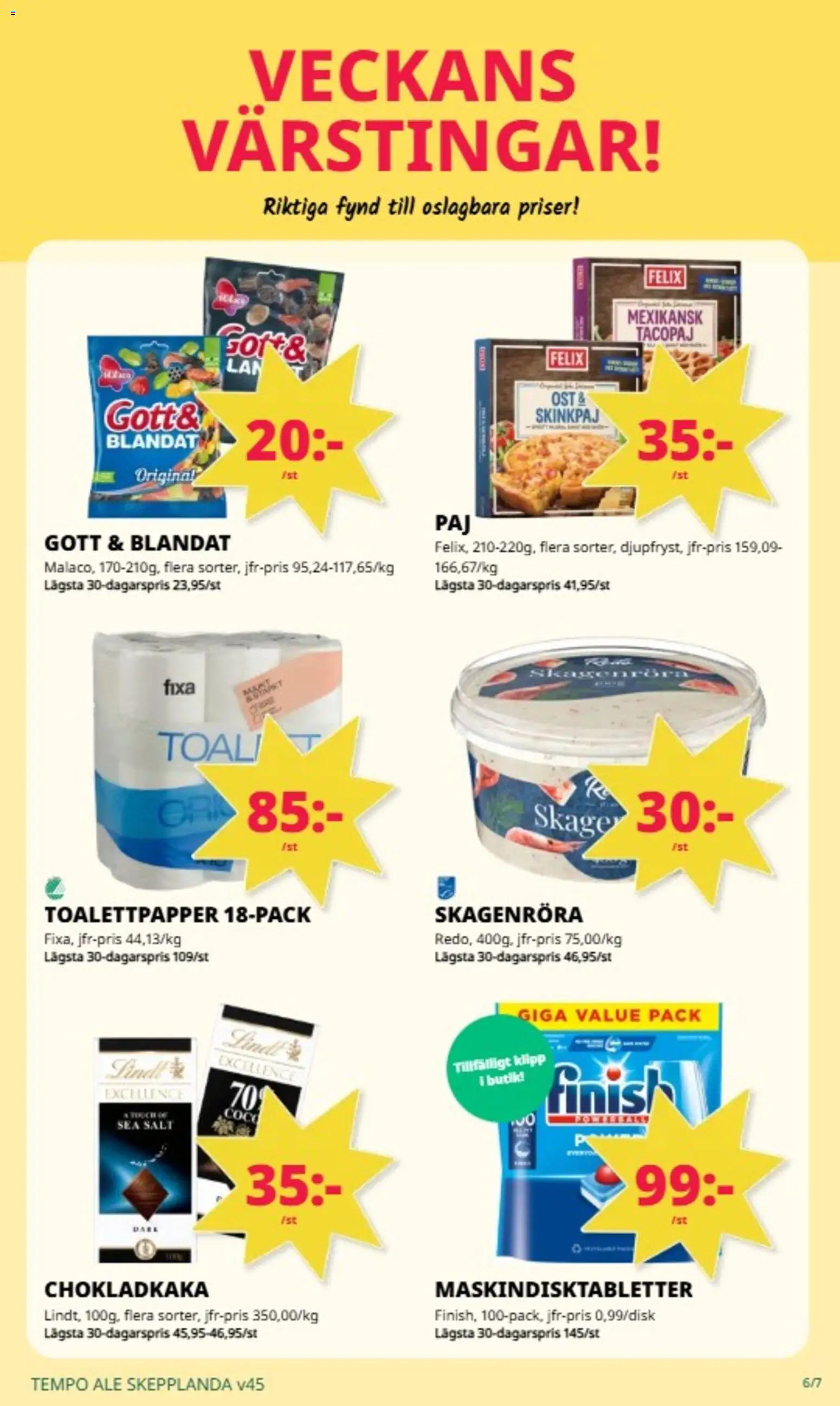 Tempo reklamblad aktuell från 03.11.2025 | Sida: 6 | Produkter: Salt, Chokladkaka, Toalettpapper, Ost