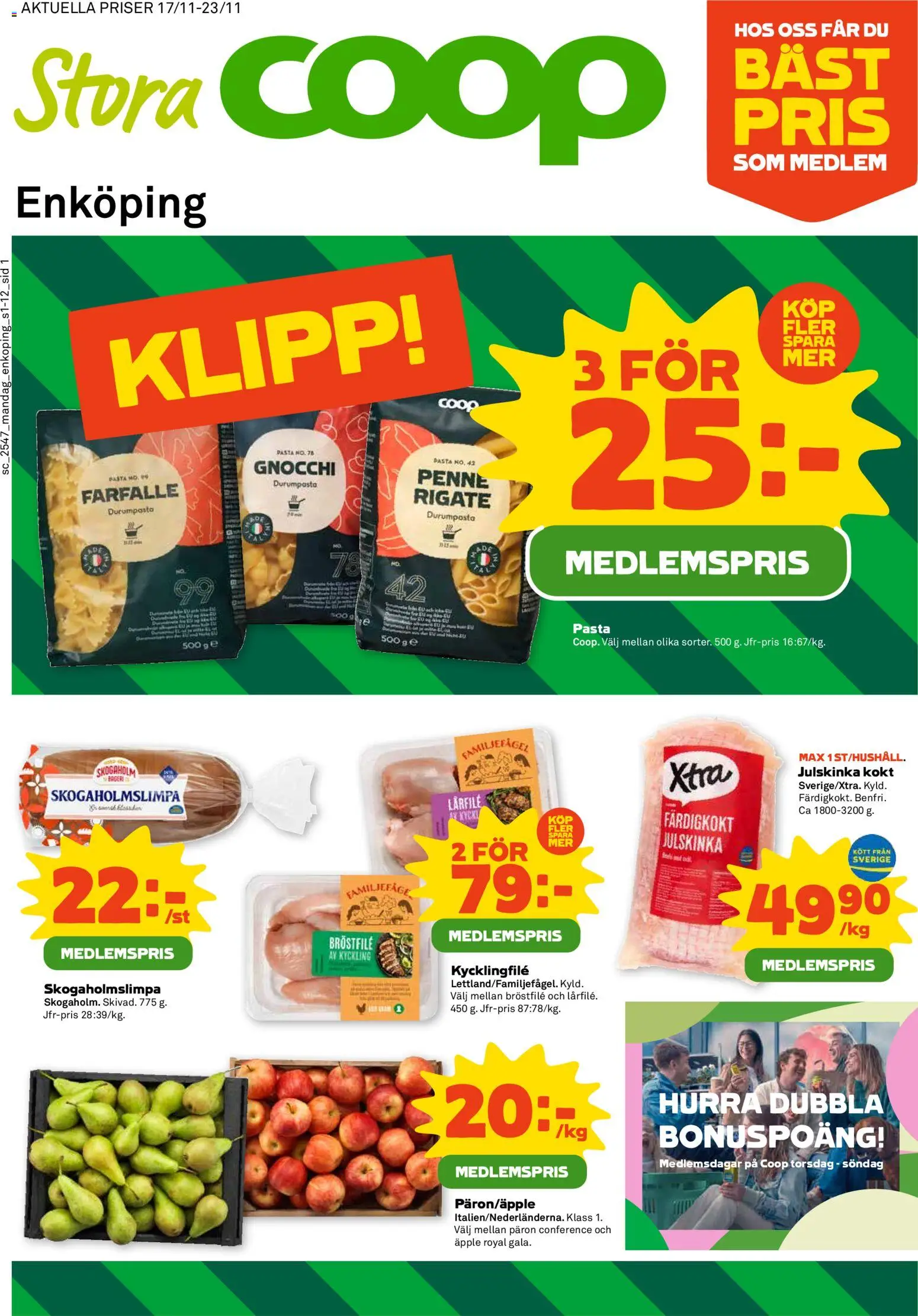 Stora Coop reklamblad aktuell från 17.11.2025 | Sida: 1 | Produkter: Kycklingfile, Äpple, Pasta