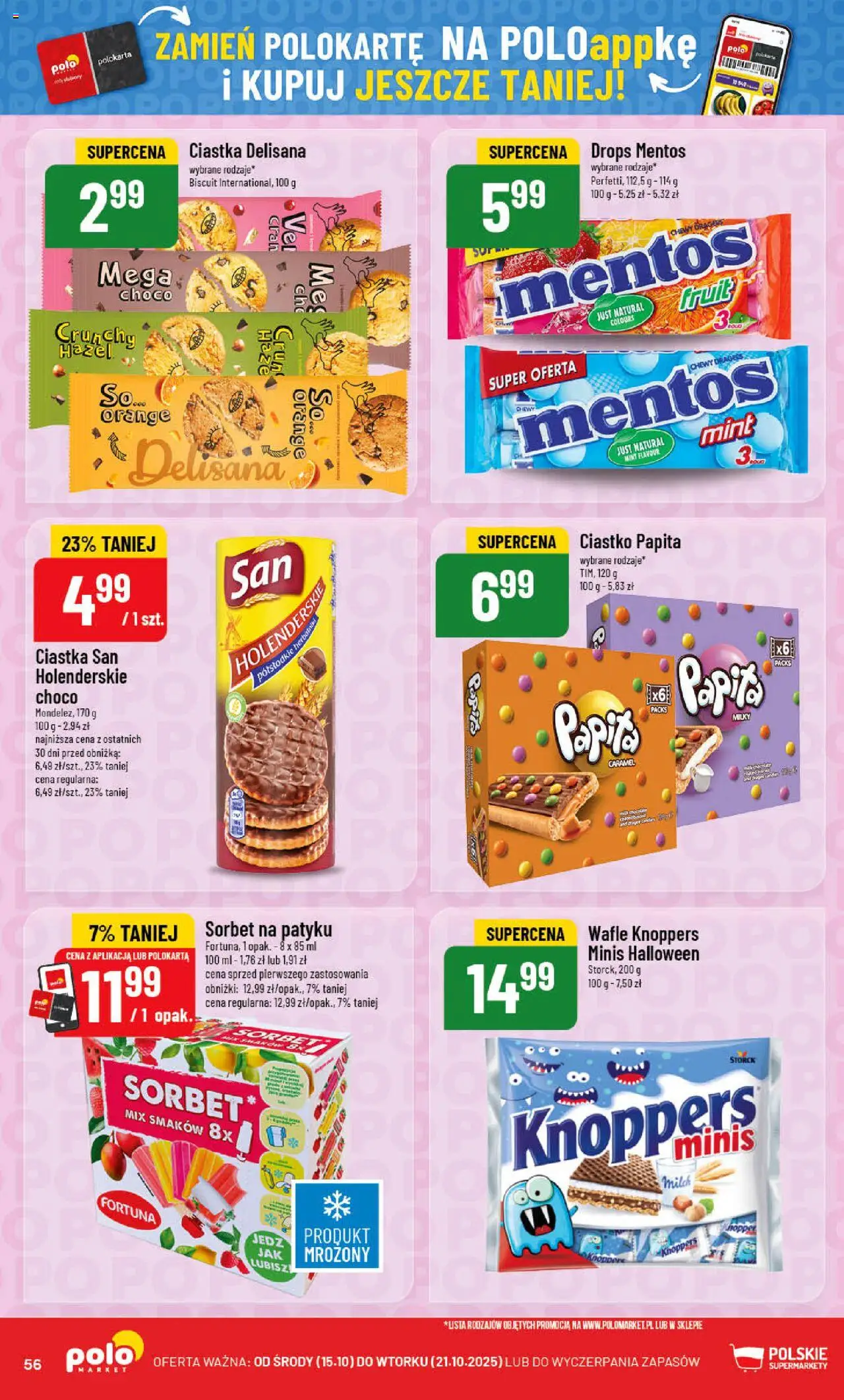 POLOmarket Gazetka od 15.10.2025 | Strona: 56 | Produkty: Knoppers, Wafle, Sorbet, Ciastka