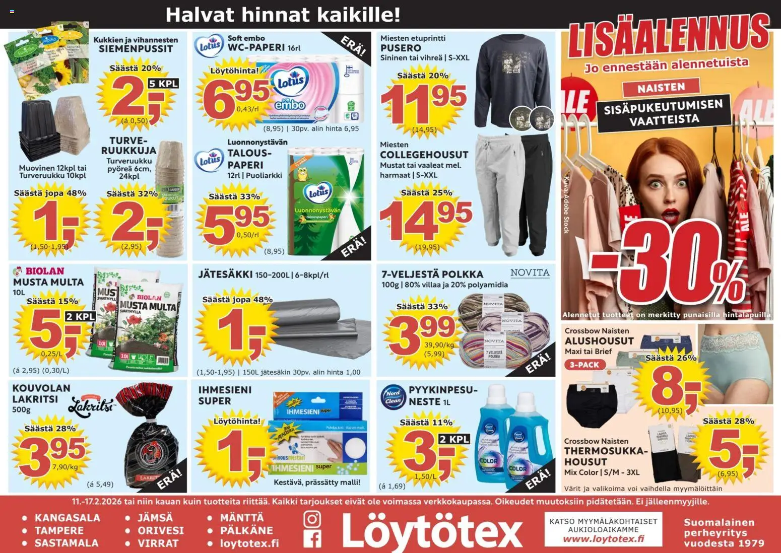 Löytötex tarjoukset – voimassa 11.02.2026 alkaen | Sivu: 1 | Tuotteet: Paperi, Pusero, Housut, Lakritsi