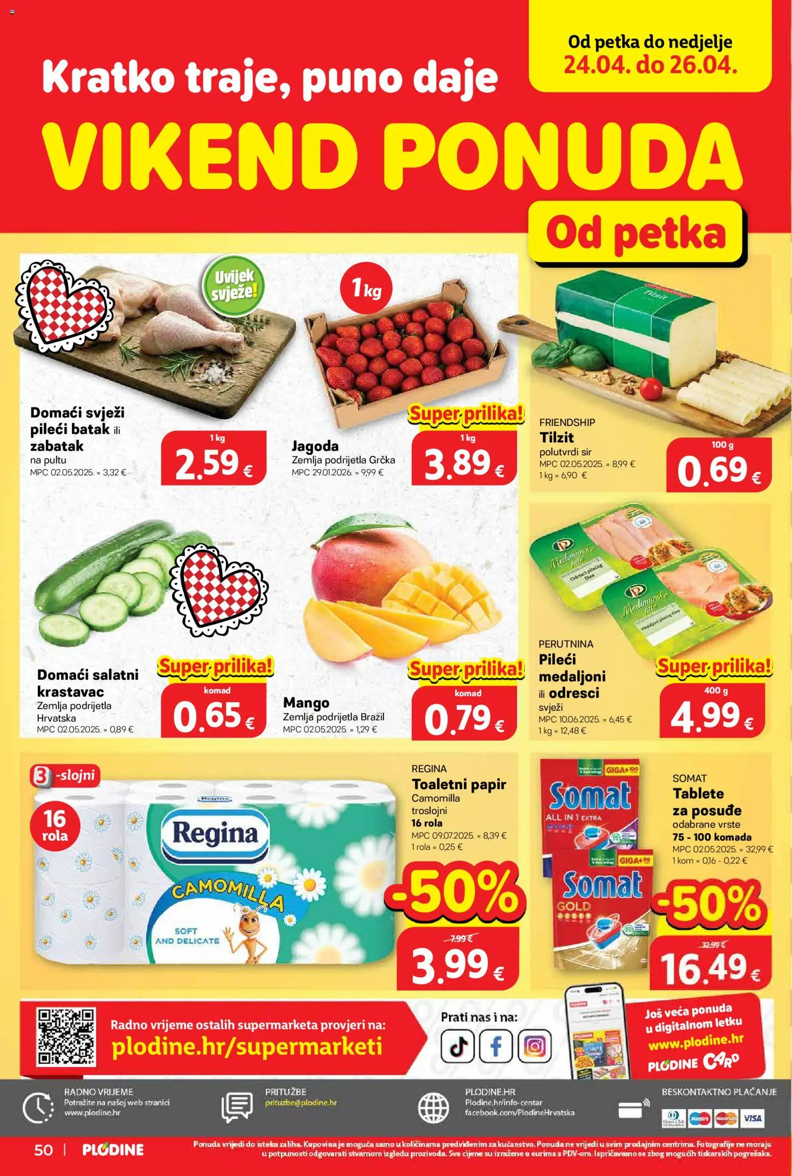 Plodine katalog | vrijedi od 22.04.2026 | Stranica: 50 | Proizvodi: Sir, Toaletni papir, Mango, Somat