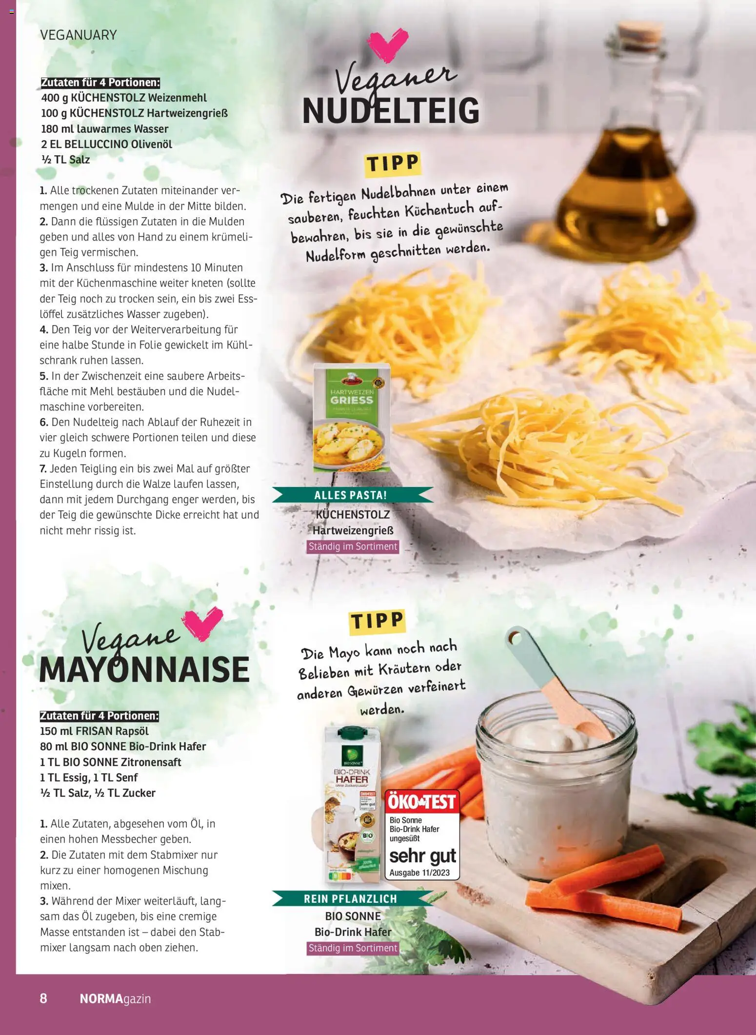 Norma NORMAgazin Januar/Februar 2026 – gültig ab 01.01.2026 | Seite: 8 | Produkte: Olivenol, Weizenmehl, Salz, Zucker