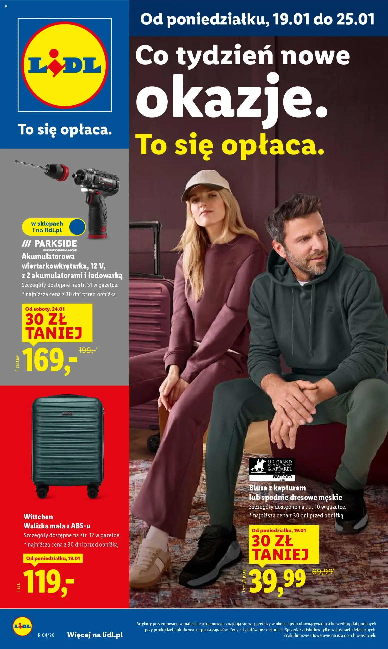 Lidl Katalog od 19.01.2026 | Strona: 1 | Produkty: Bluza z kapturem, Spodnie, Ładowarka, Walizka
