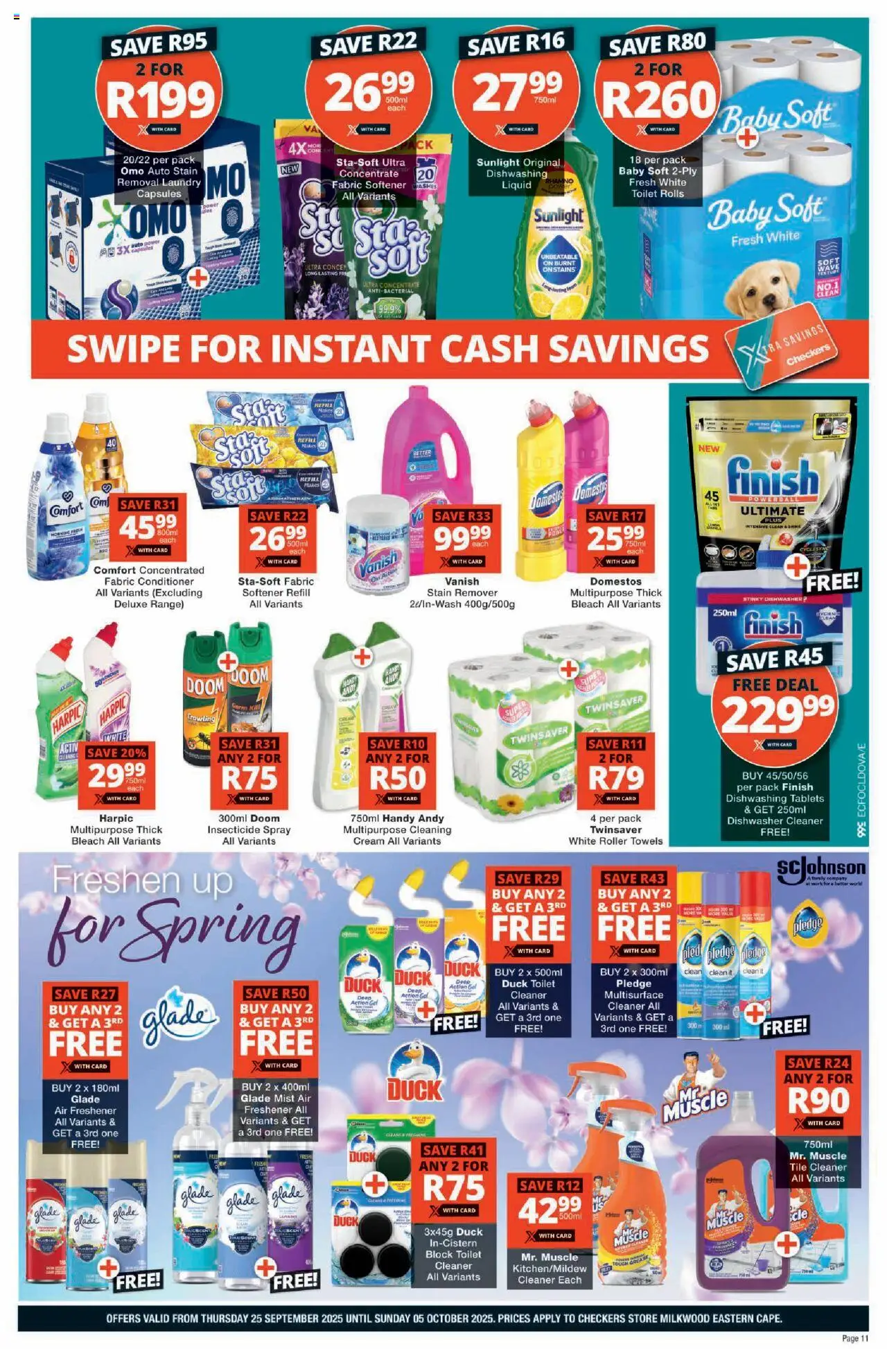 New Checkers catalogue – valid from 25.09.2025 | Page: 11 | Products: Dishwasher, Bleach, Conditioner, Stain remover