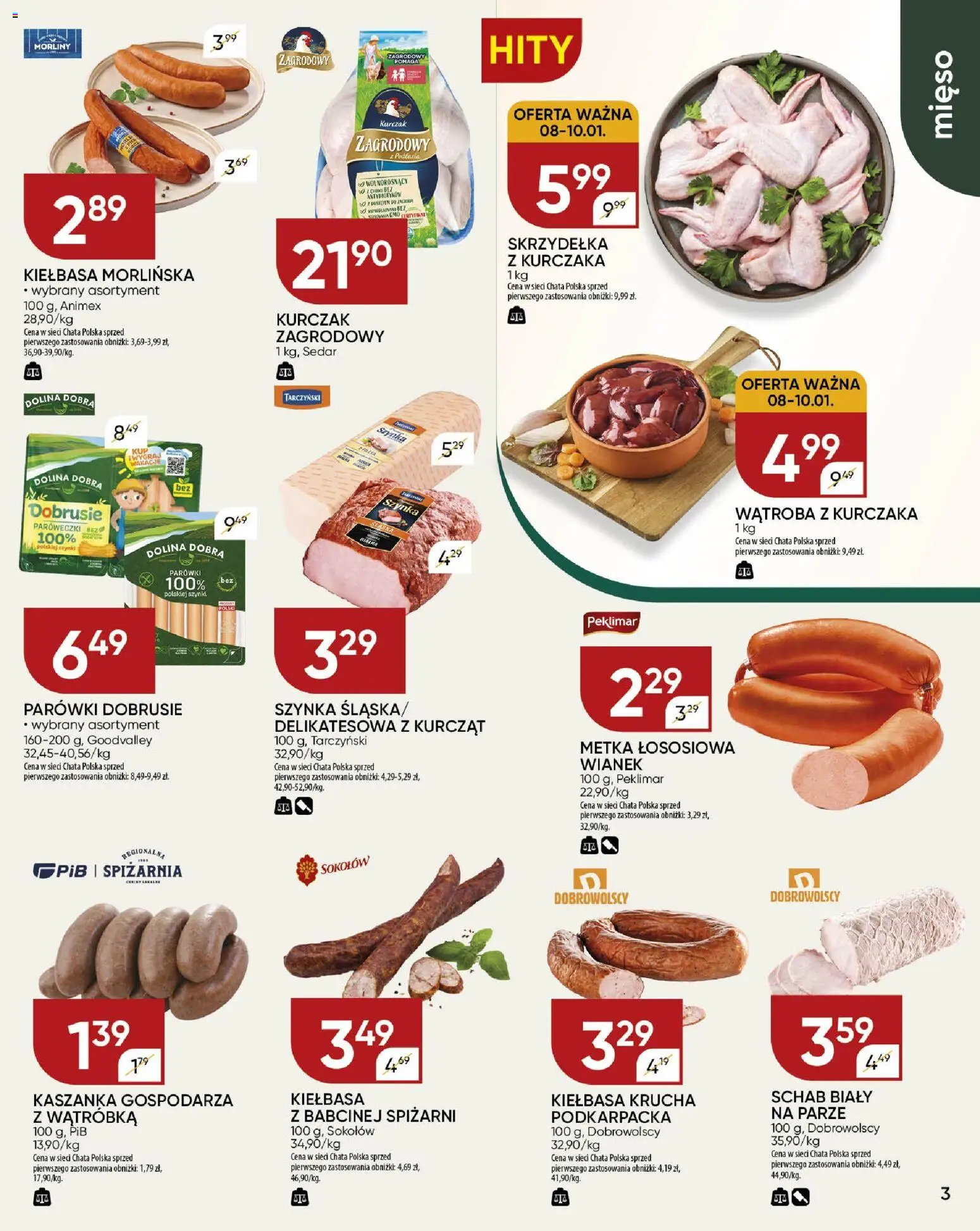 Chata Polska Gazetka od 08.01.2026 | Strona: 3 | Produkty: Kurczak, Wątróbka, Parówki, Kaszanka