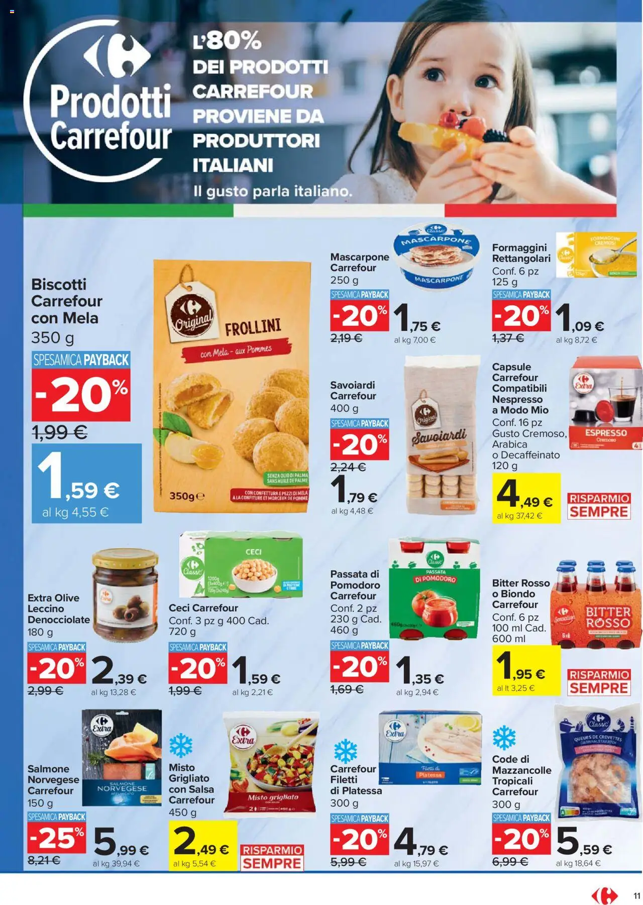 Volantino Carrefour del 20.10.2025 | Pagina: 11 | Prodotti: Ceci, Mazzancolle, Savoiardi, Frollini